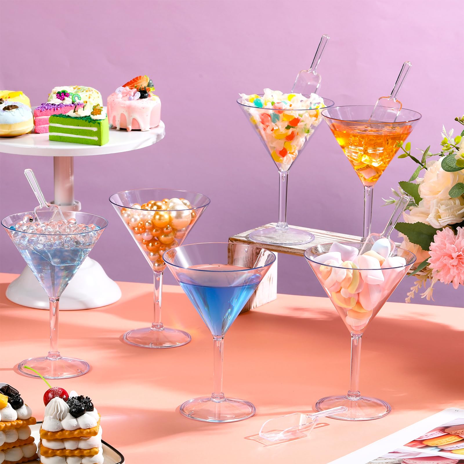 Tioncy Set di 6 bicchieri da Martini in plastica da 283,5 g, con paletta per ghiaccio trasparente in acrilico, per bar, margarita, whisky, inaugurazione della casa, regali per donne e uomini