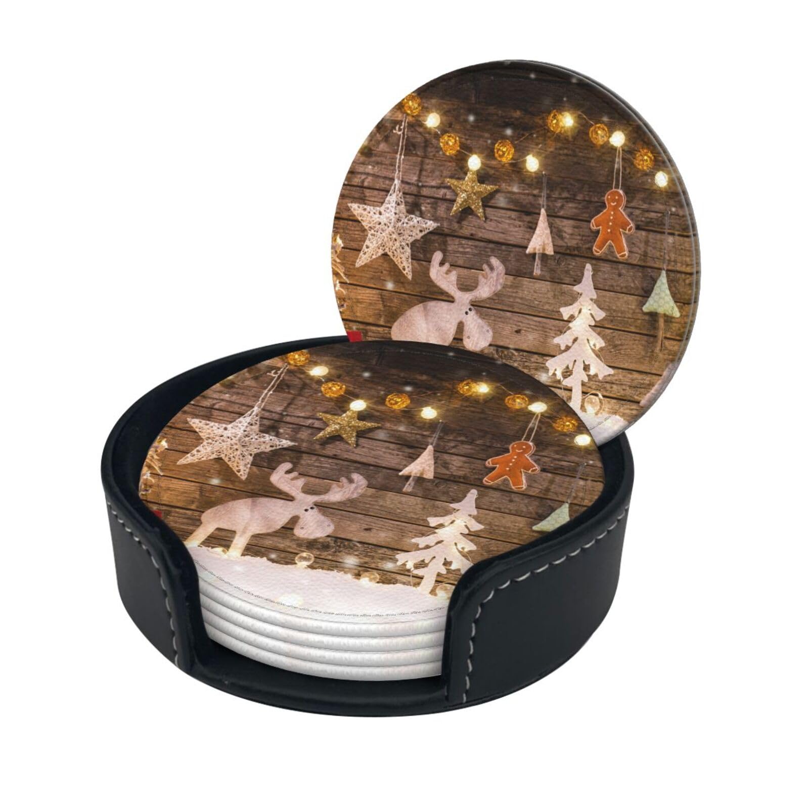 Wquvmds White Christmas Trees Deer Print Coasters For Drinks With Holder Set Of 6, Pu Leather Coasters Drink Coasters Cup Pad Mats