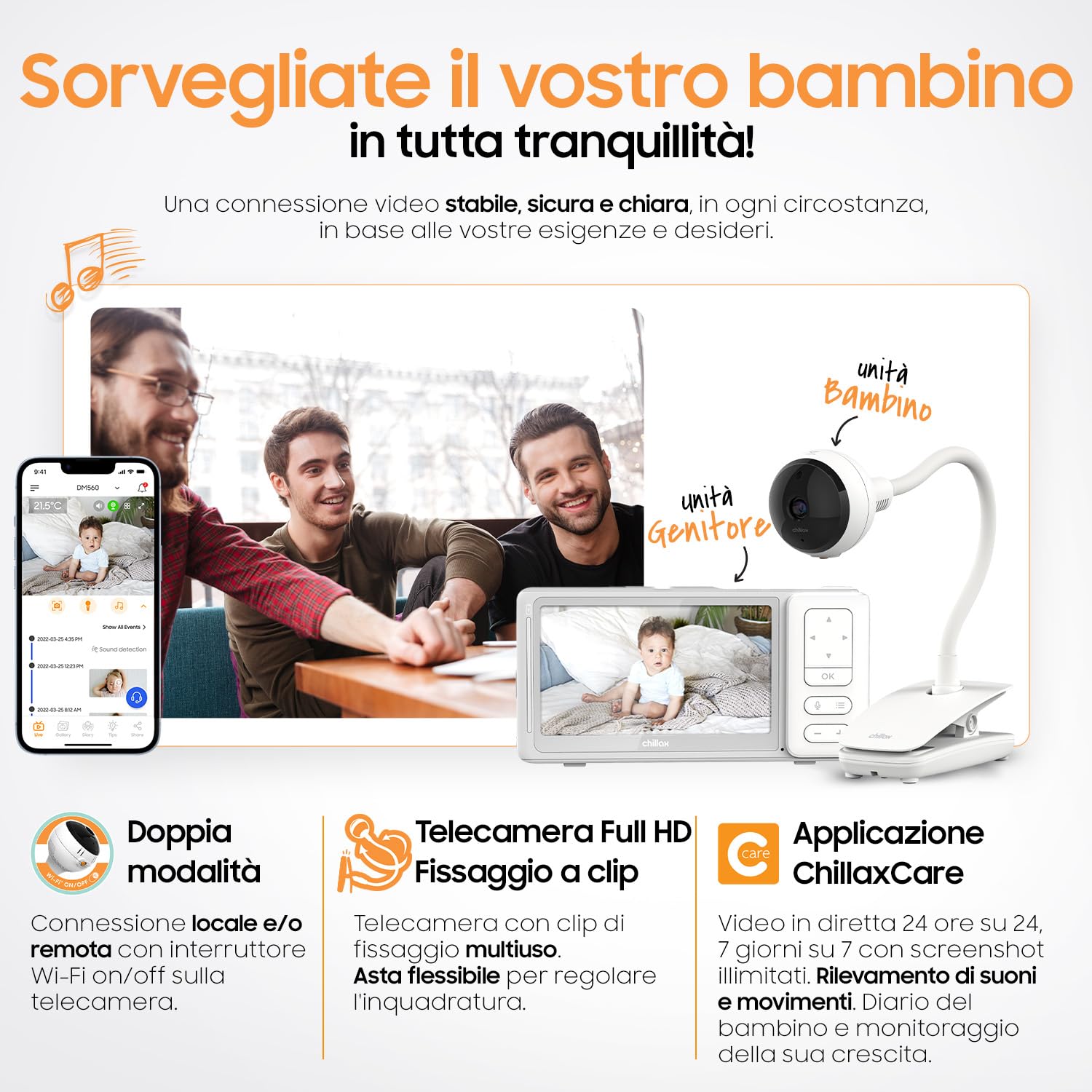 CHILLAX - Baby monitor Video Giraffe Clip - LCD HD 5'' - Camera Full HD 1080p - Asta flessibile - Visione notturna - WalkieTalkie - WiFi On/Off - Ninnenanne - Allarme sonoro e di movimento - App