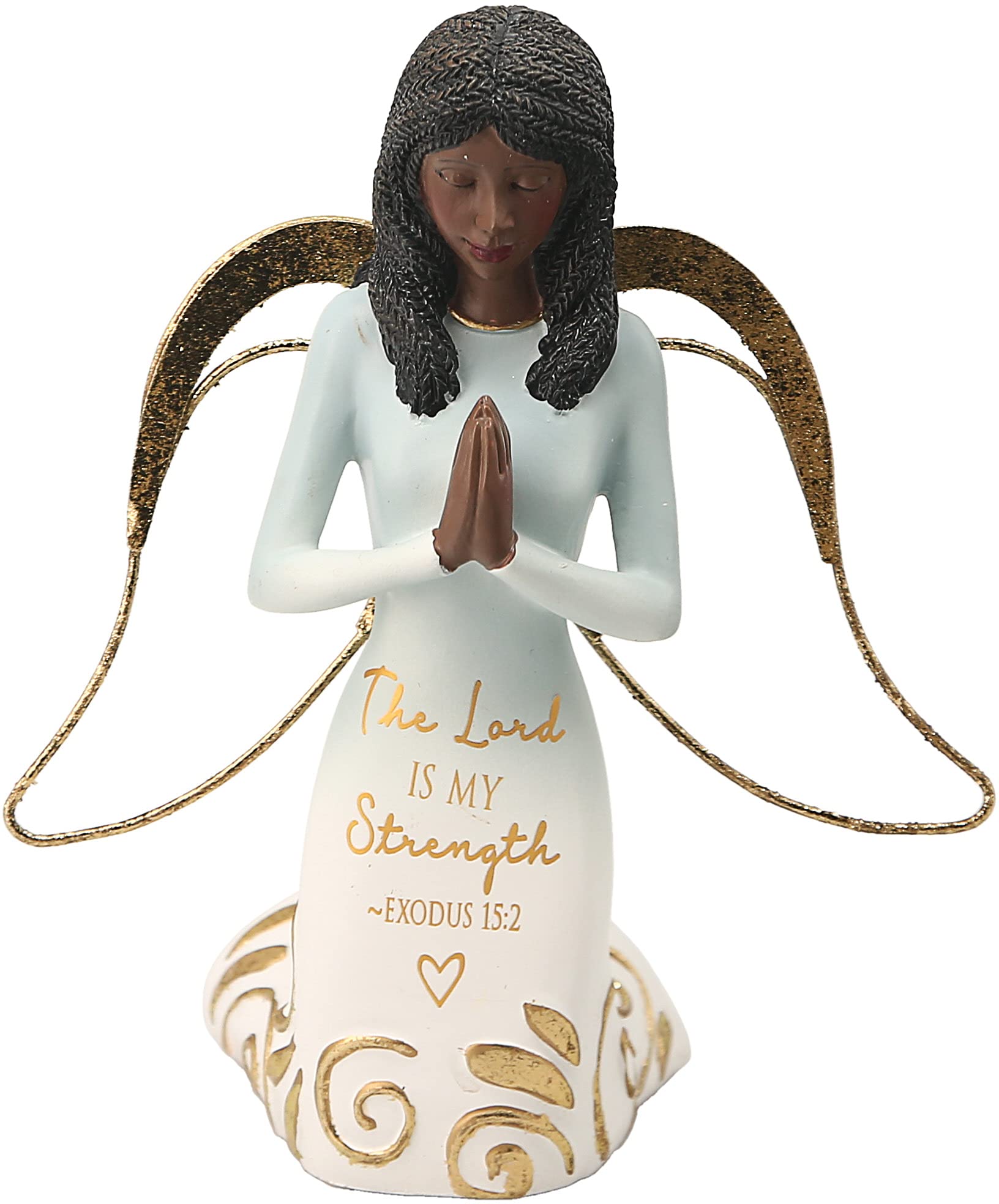 Pavilion Gift Company The Lord is My Strength Exodus 15:2-5.25 Inch African American Kneeling Praying Collectible Resin Angel Figurine, Blue