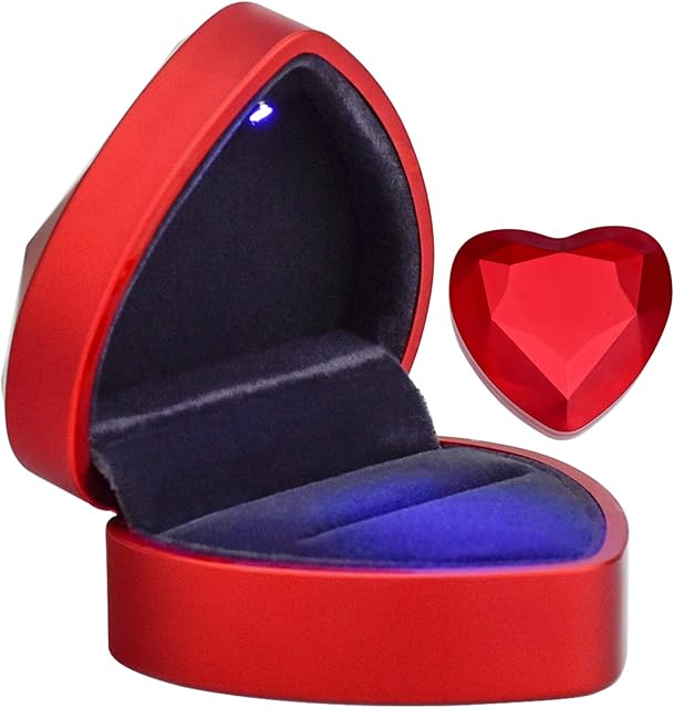 TDDL Luxury Ring Box, Velvet Wedding Ring Case Heart Shaped Engagement Ring Box with LED Light - for Proposal Engagement Wedding Jewelry Gift Boxes Display Case, Red