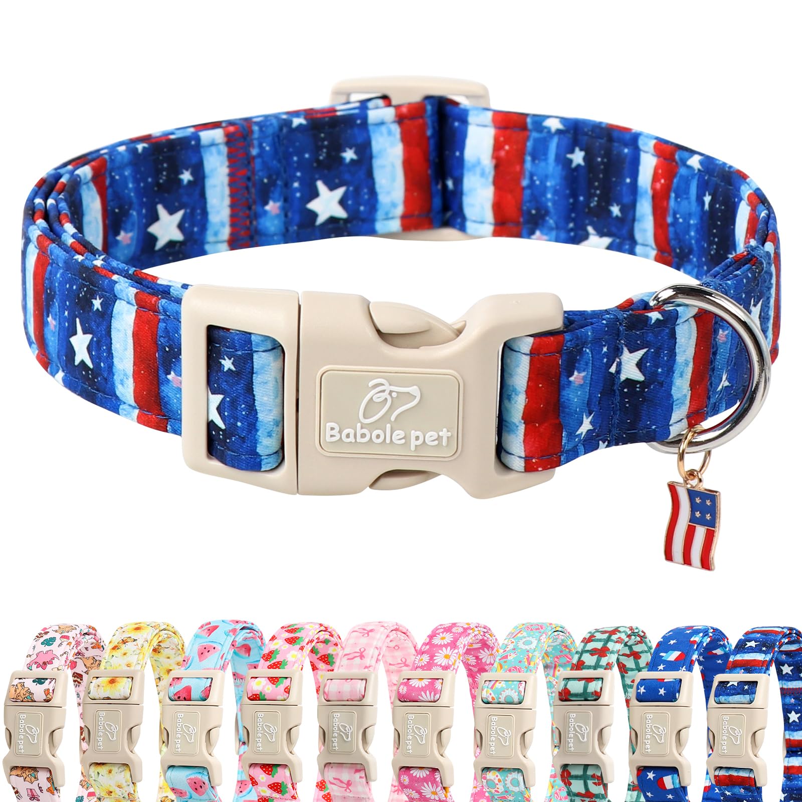 Babole Pet 4th of July Dog Collar, Stars & Stripes Patriotic Dog Collars for Large Dogs, Adjustable Lightweight Quick-Release Buckle Collar for Boy&