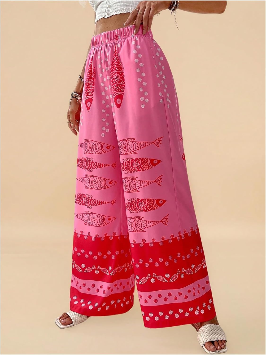 GORGLITTER Women's Wide Leg Palazzo Pants Baggy Boho Pants Fish Floral Graphic High Waist Casual Summer Beach Trousers - Image 2