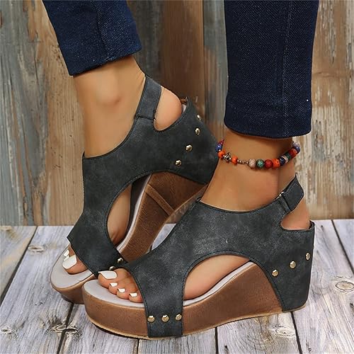 Sandalias de cuña para mujer, alpargatas de tacón bajo, punta abierta, correa al tobillo, sandalias de cuero, cómodas sandalias de plataforma con
