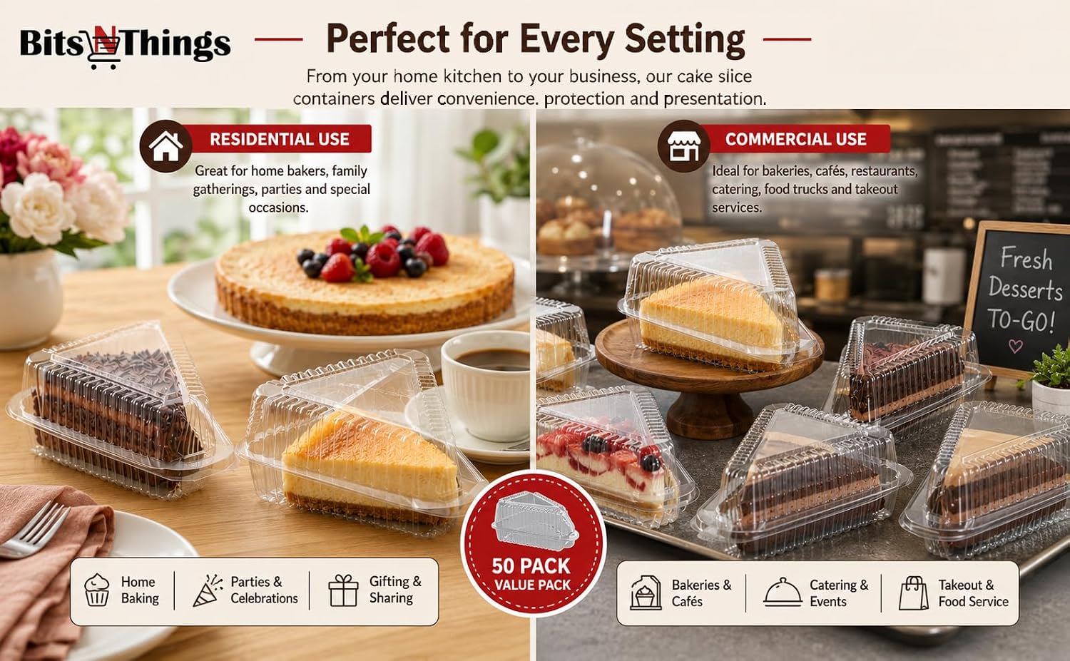 Bits N Things Cake Slice Plastic Containers with Hinged Lid 50 Pack | Clear Dessert Takeout Containers | Cheesecake, Pie, Pastry & Bakery To-Go Packaging | 5.38 x 4.38 x 2.50 in