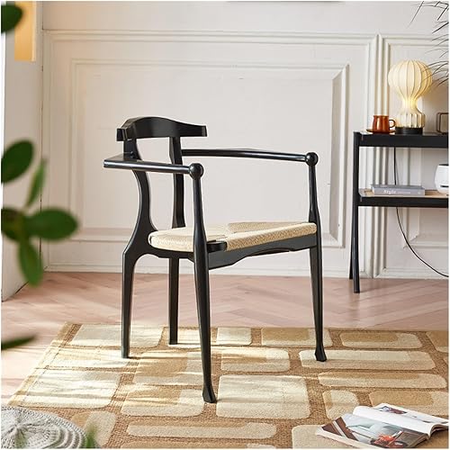 sillas de comedor Cuerda de cáñamo Silla de comedor Hogar Moderno Simple Hotel Restaurante Respaldo de madera maciza Apoyabrazos Negro Fresno Cocina