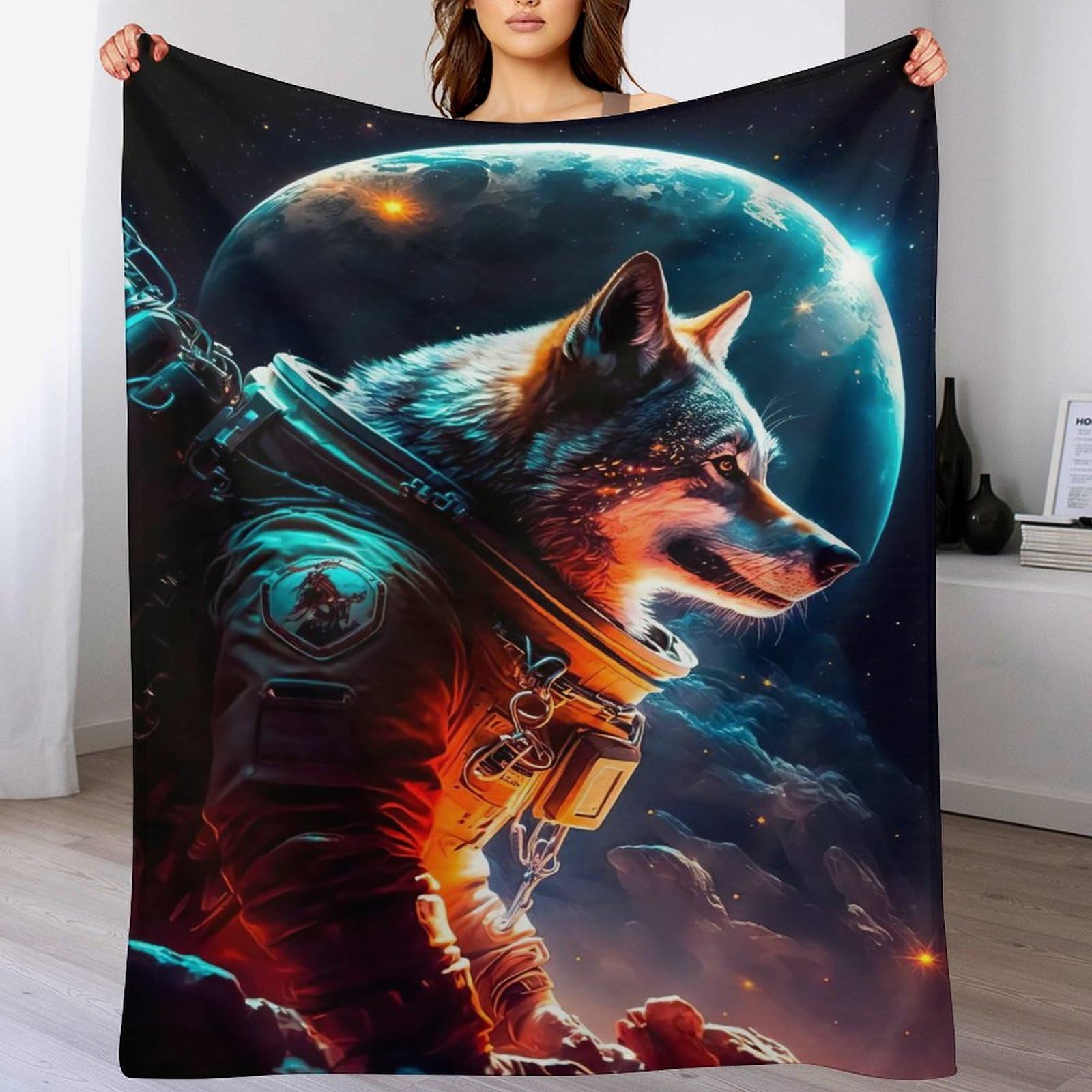 Couverture avec motif de loup en flannel douce et confortable contre le froid