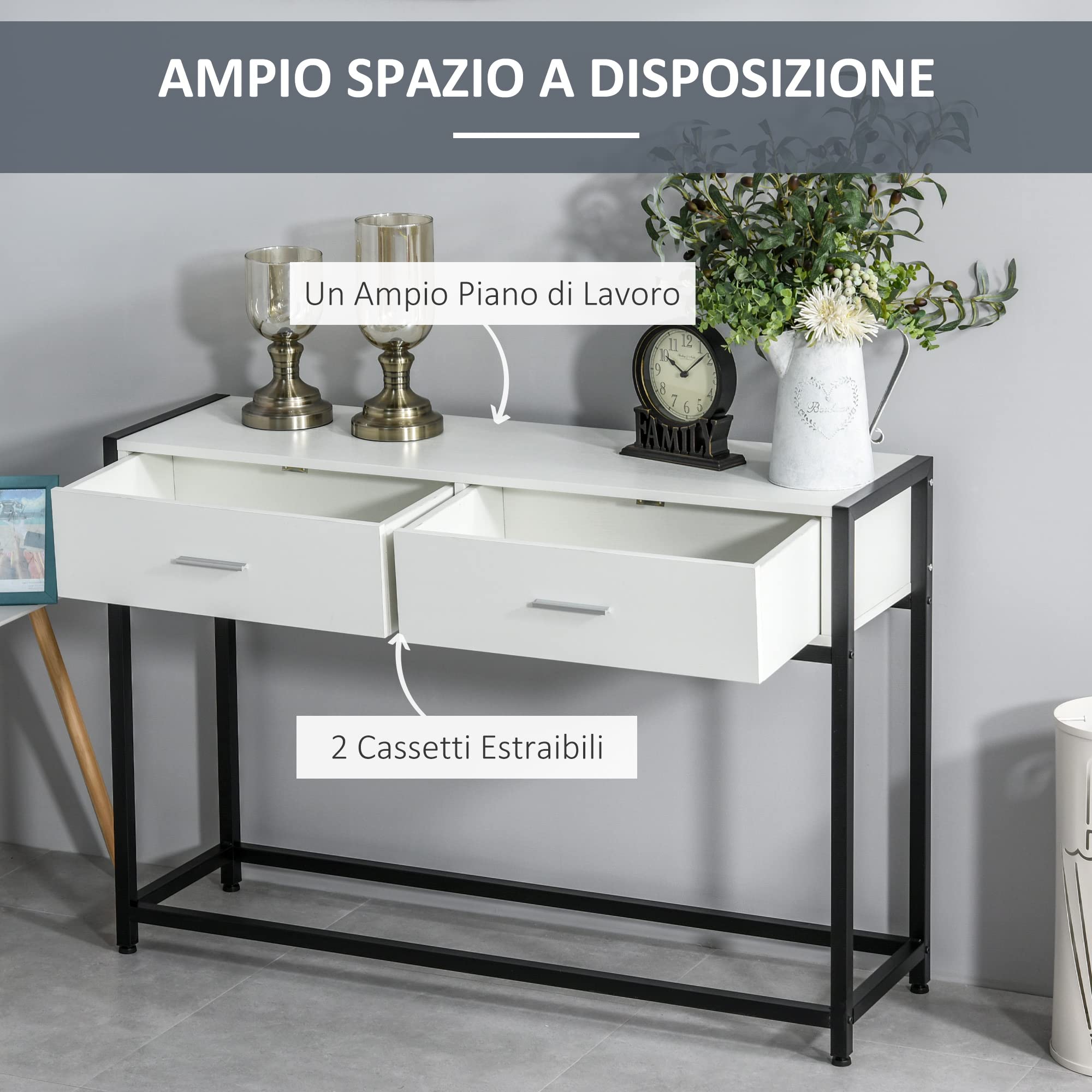HOMCOM Tavolo Consolle Bianco con Cassetto e 2 Ripiani in MDF