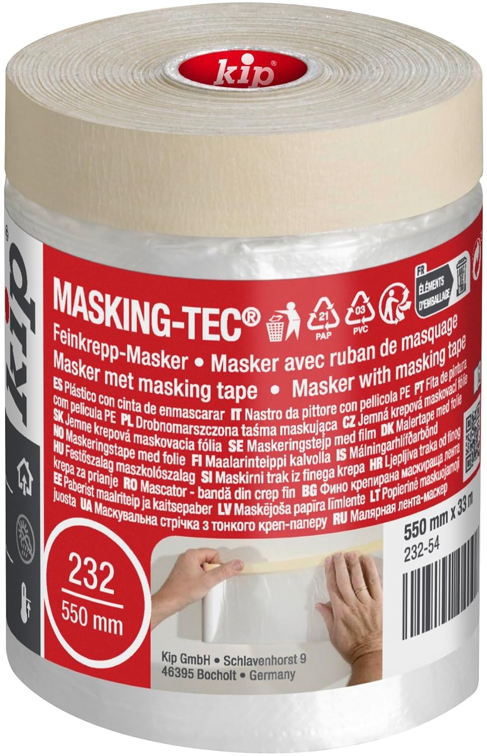 Kip Drop Cloths Pre-Taped Painters Masking Film 550mm x 33m, Masker Masking Tape with Plastic Sheet, Drape for Spraying, Covering, Suitable for Decorating, Automotive, Windows, Dust & Paint Protection