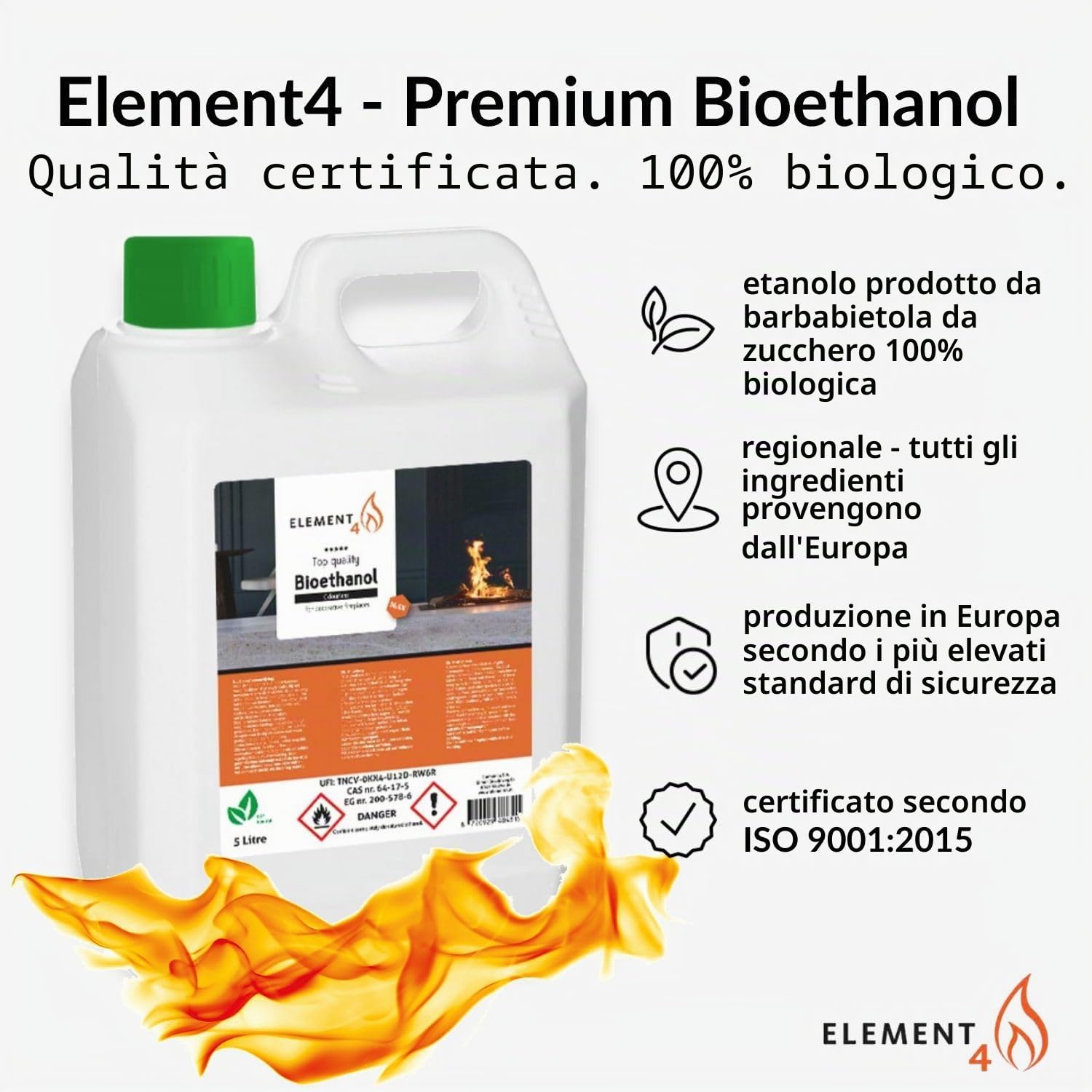 Element4 Bioetanolo 10 Litri Inodore – Bioetanolo Premium, 96,6% - adatto per tutti i caminetti a etanolo