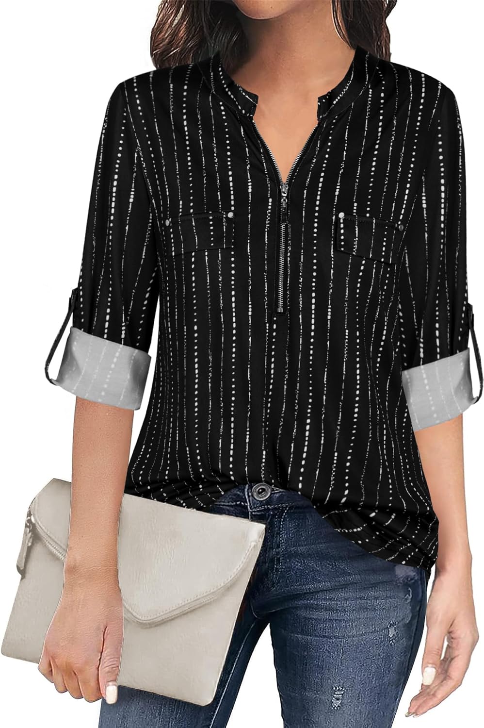 BEPEI Womens Floral 3/4 Sleeve Shirts Zip up V Neck Work Chiffon Blouses Top