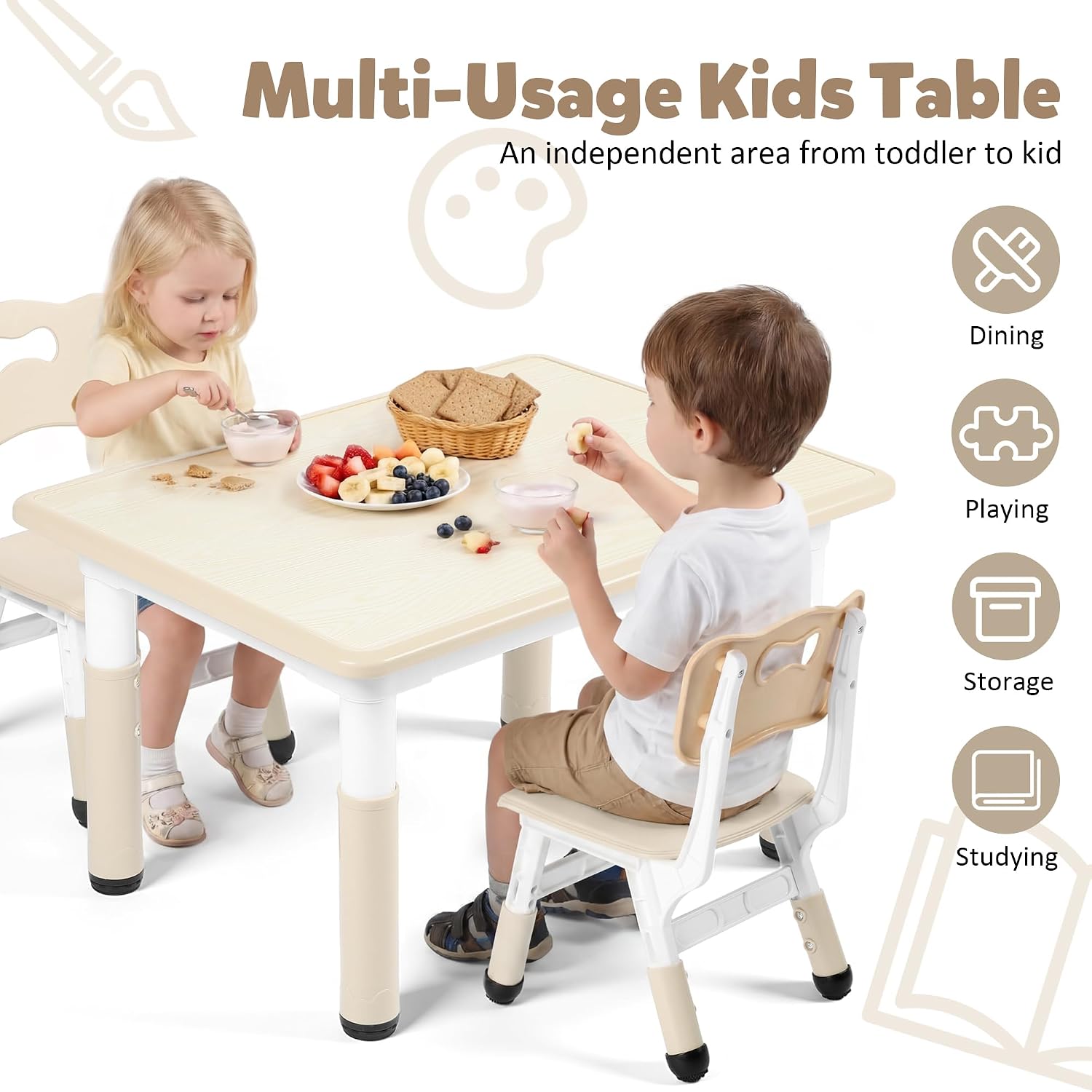 TODEFULL Kids Table and 2 Chairs Set for Toddlers, Height Adjustable Toddler Desk 31.5" L x 23.6" W Graffiti Tabletop, Home/Preschool/Daycare/Classroom Study Activity Table and Chairs for Kids 2-5