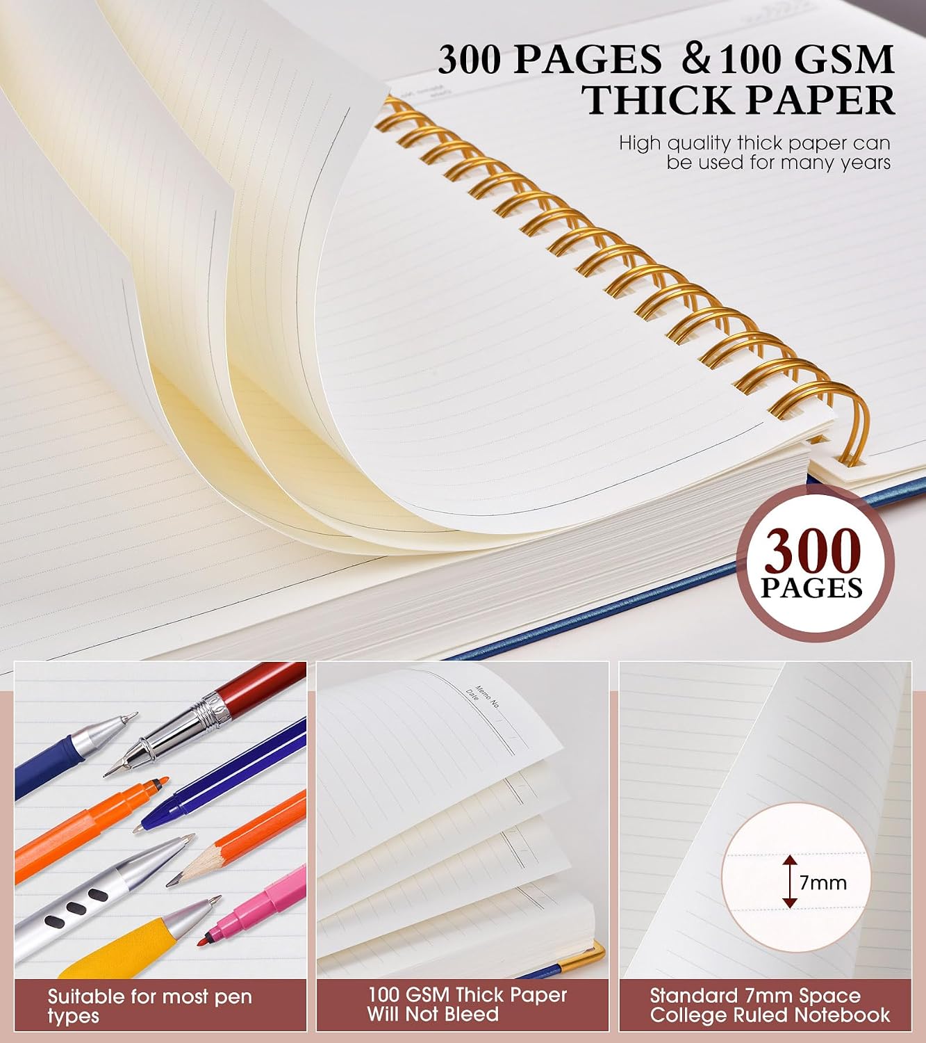 Spiral Notebook Journal 7.6” x 10”, 300 Pages Hardcover Leather Lined Journals for Women Men, B5 Large College Ruled Notebooks with 100 GSM Thick Paper, Spiral Journal for Writing Work School, Navy image 4