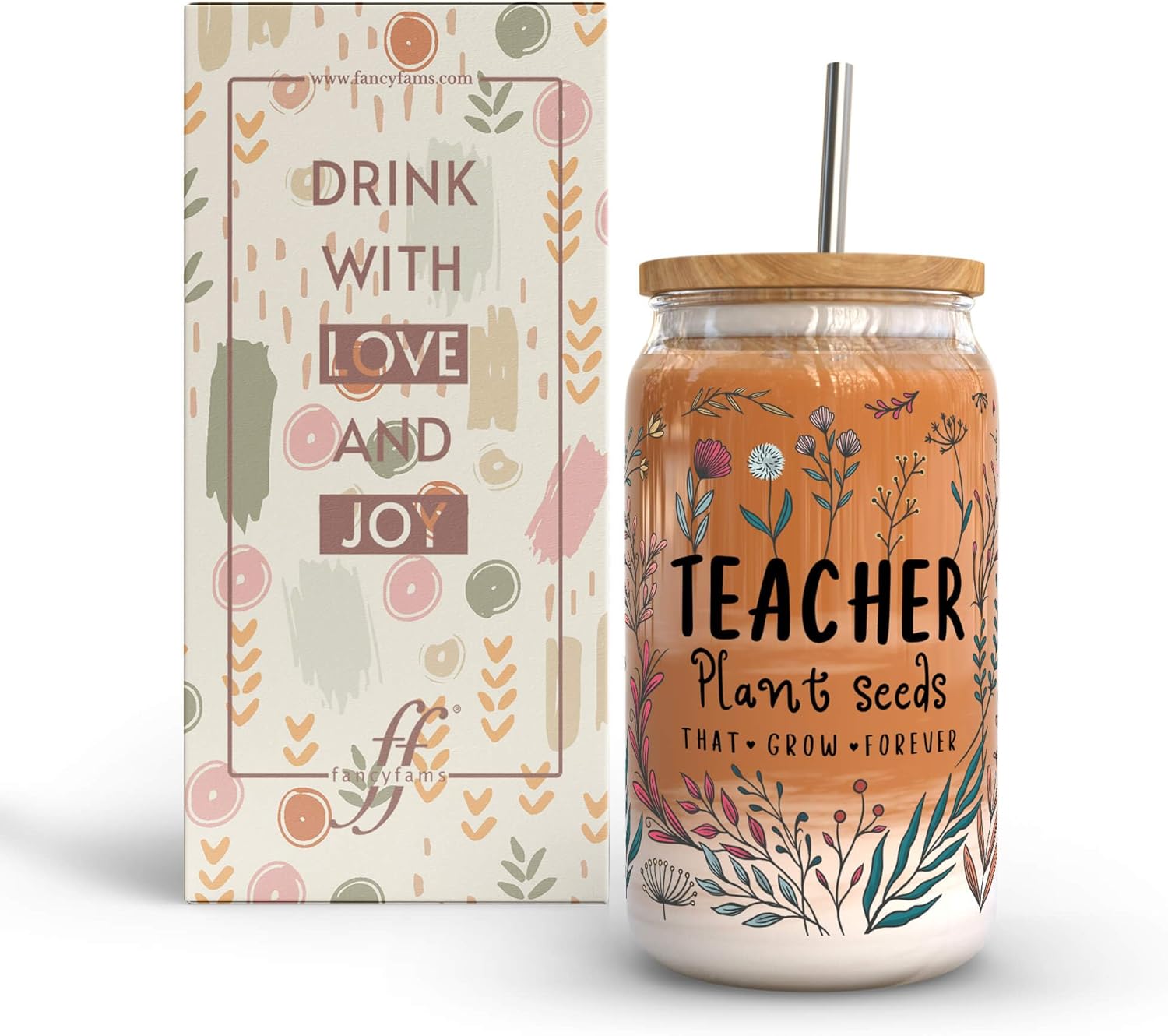 Fancyfams 16 oz Glass Teacher Cup with Bamboo Lid, and Straw, Birthday, Teacher Appreciation Gifts for Women, Iced Coffee Can Shaped Cup Jar Tumbler (Plant Seeds)