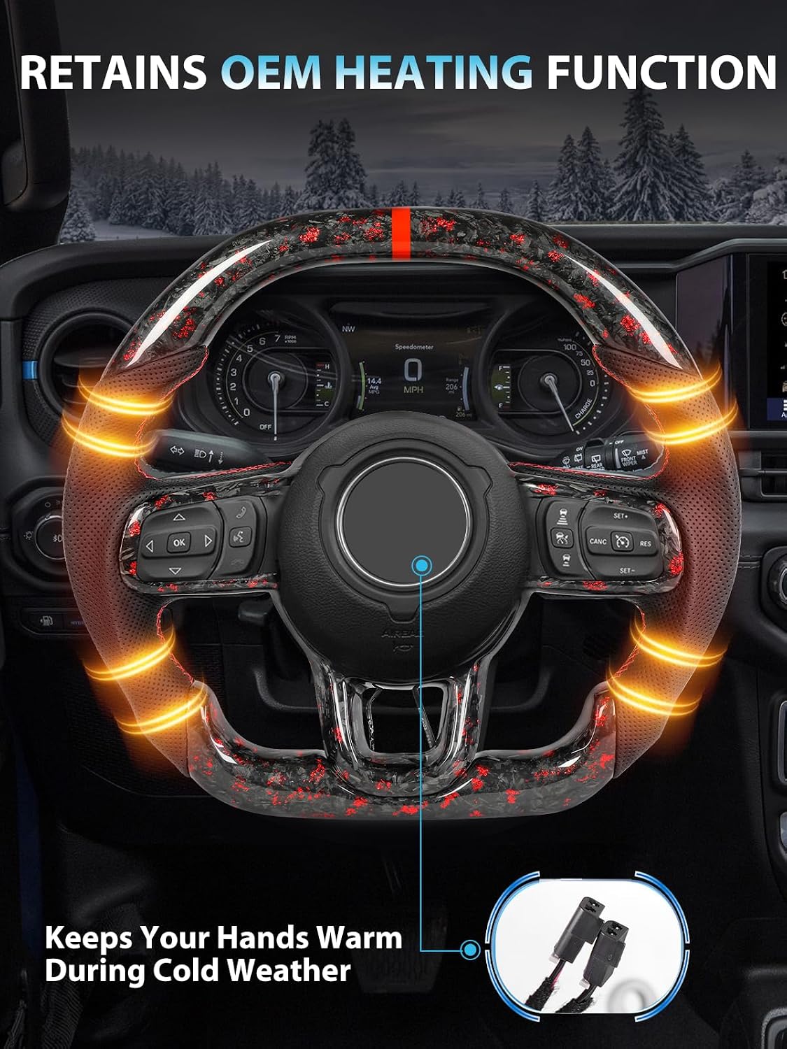 ZIMABLUE Heated Red Foil Forged Carbon Fiber Double-D Steering Wheel for Jeep Wrangler JL JLU 2018-2026 & Gladiator JT 2020-2026, Nappa Leather Grip, Red Center Stripe, Forged Carbon Trim Cover
