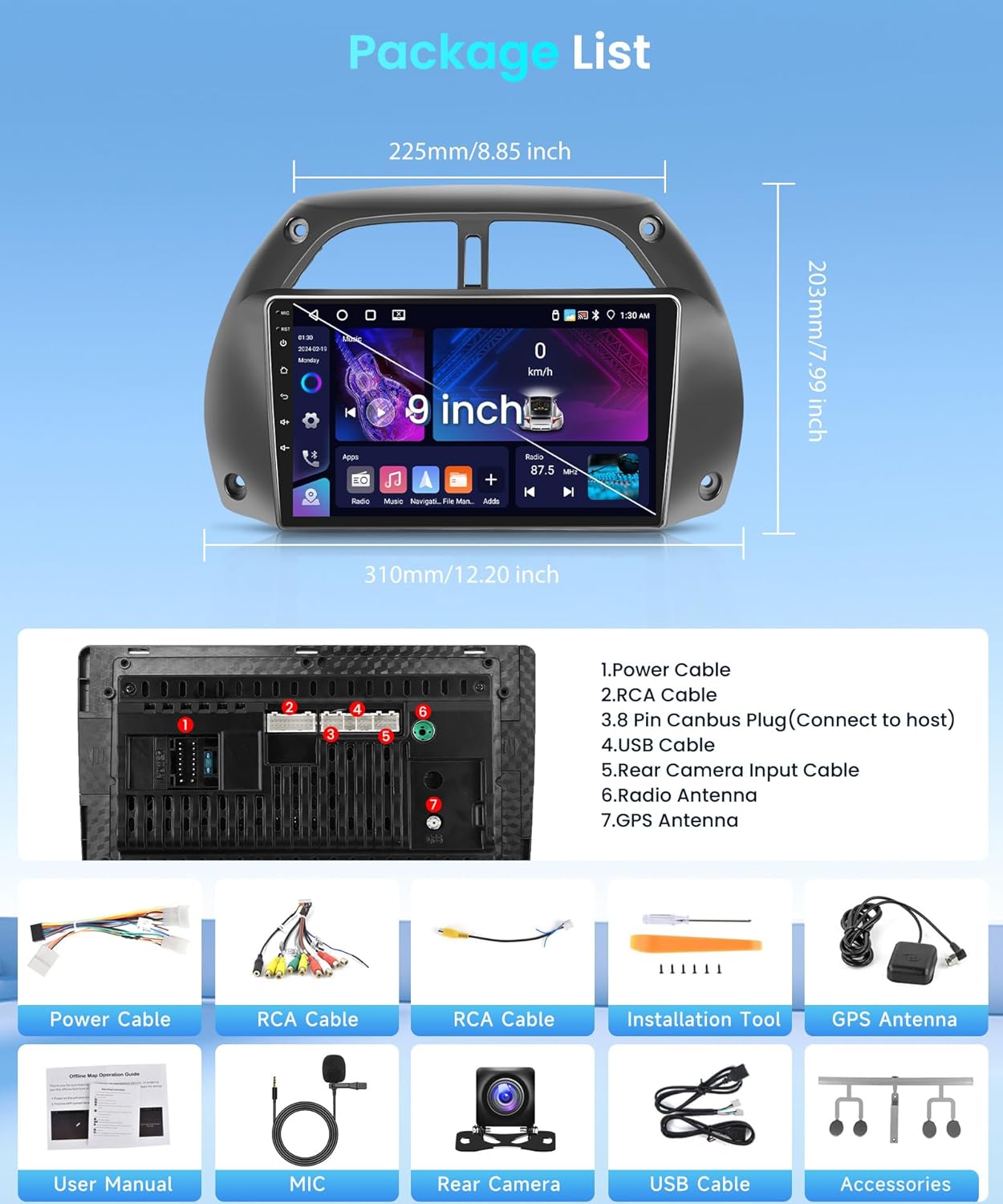 【4G+64G】 for Toyota RAV4 2001-2006 Android Car Radio Stereo with Wireless CarPlay Android Auto,9 inch IPS Touchscreen Car Stereo Bluetooth5.0, GPS, WiFi, SWC,59UI,32EQ AI DSP + HD Backup Camera