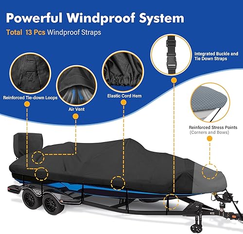 Miniatura 7 de Funda impermeable 1200D para lanchas, se adapta a barcos de bajo de 14 a 16 pies, casco V y tri-casco, lona resistente, color negro