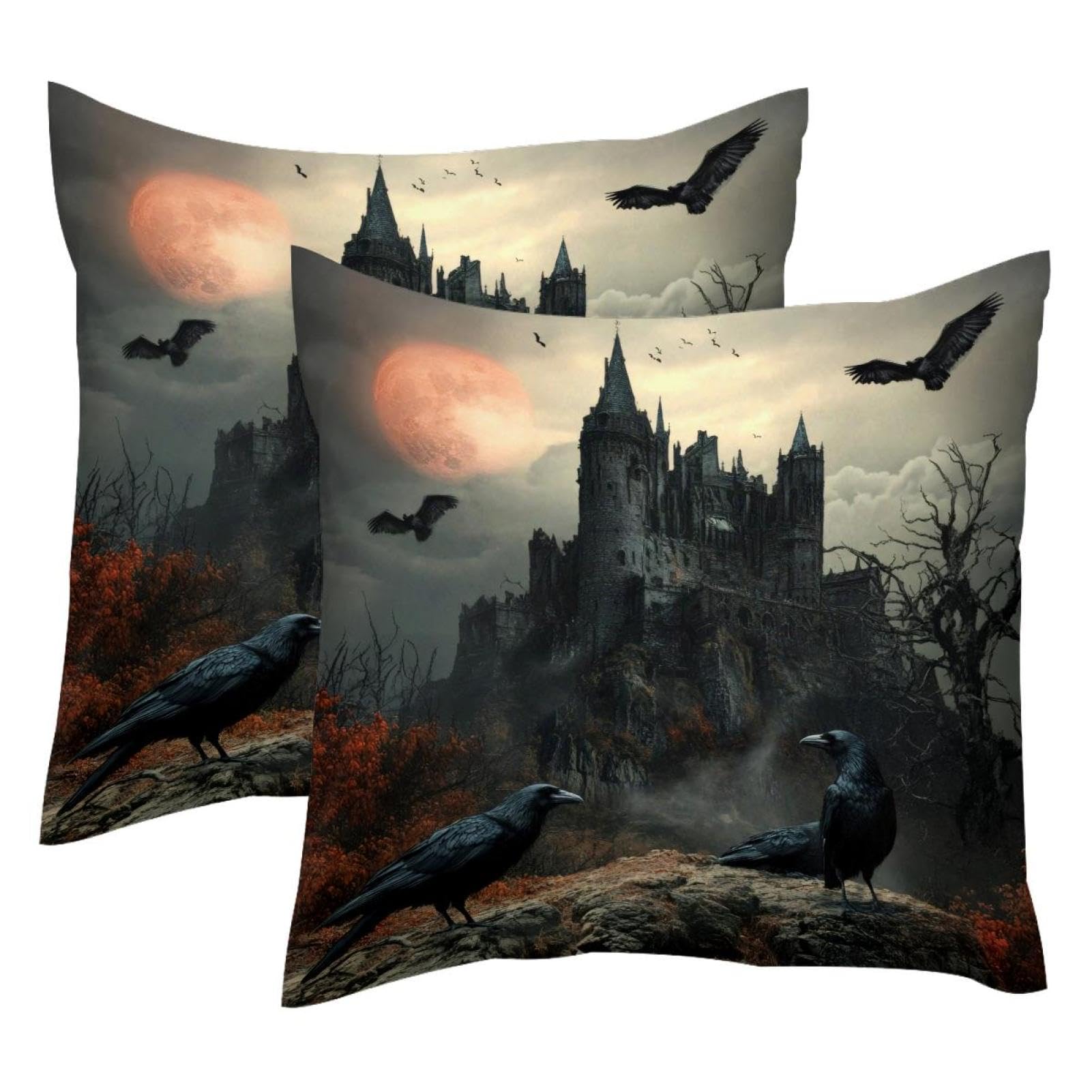 Housse de coussin en velours 50x50 cm motif château abandonné double face