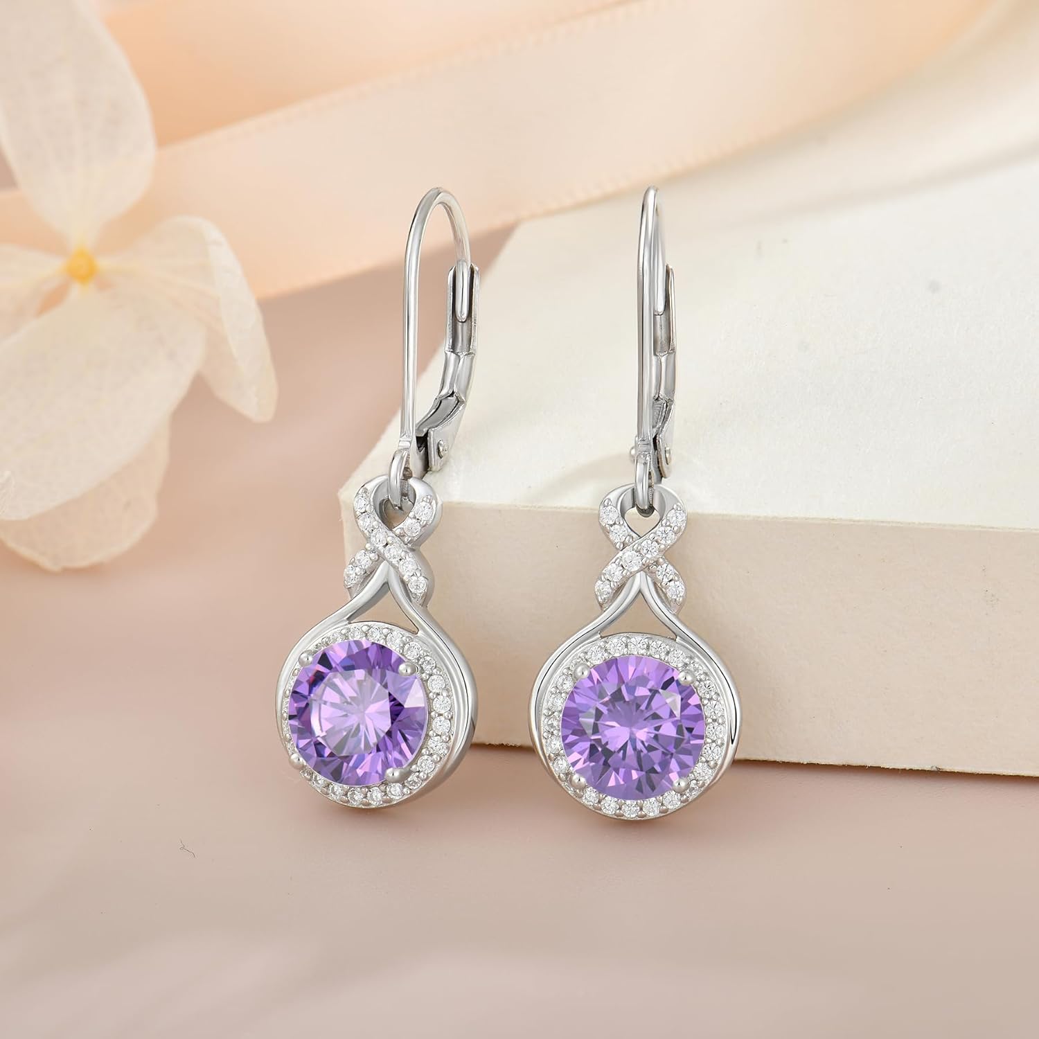 Infinity Drop Earrings for Women, 925 Sterling Silver Round Cut Zircon Leverback Earring Birthstone Jewelry Gift for Birthday Anniversary - Image 4