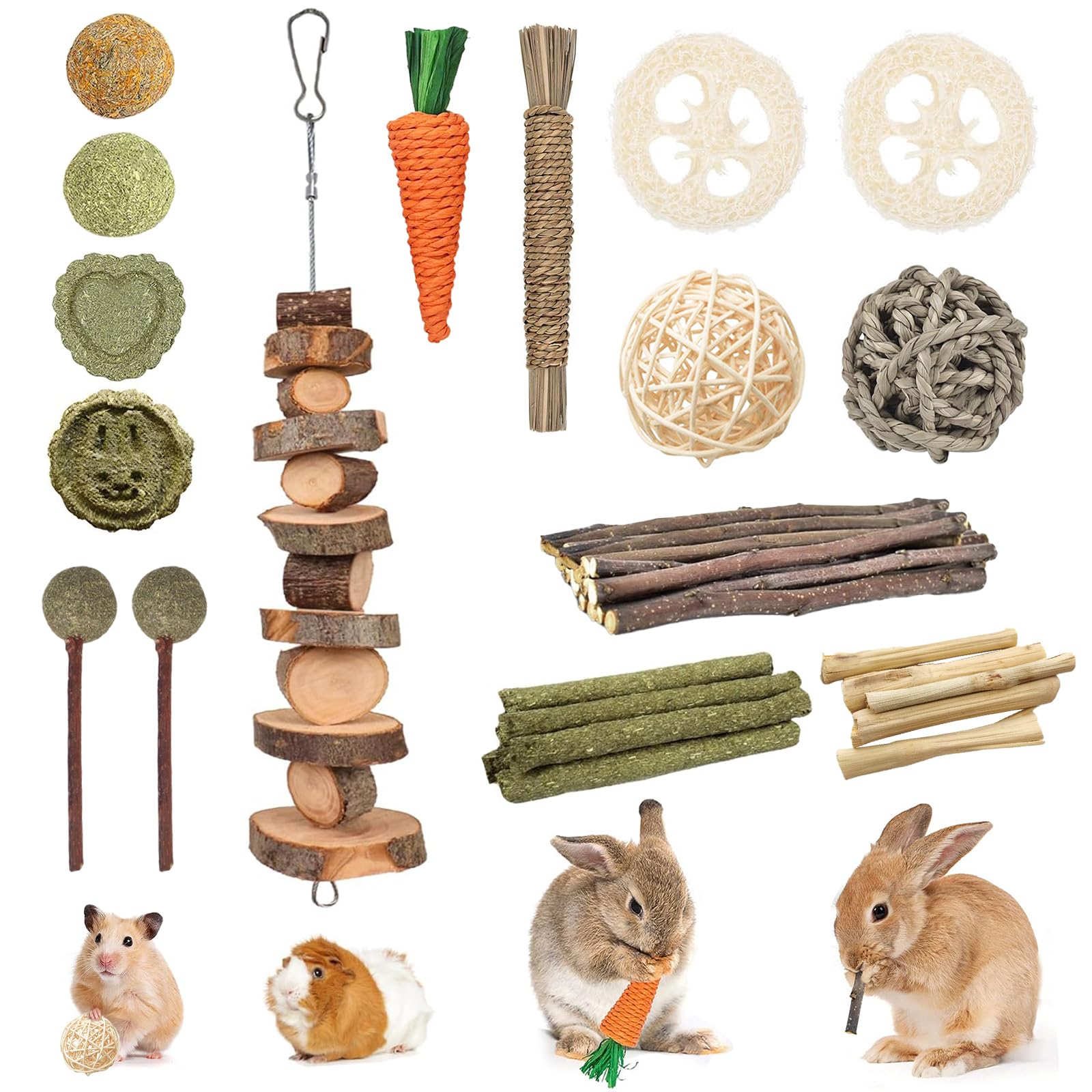Ksvaye 14 Styles Rabbit Toys, Natural Chew Toys for Guinea Pigs Hamsters, Rabbits