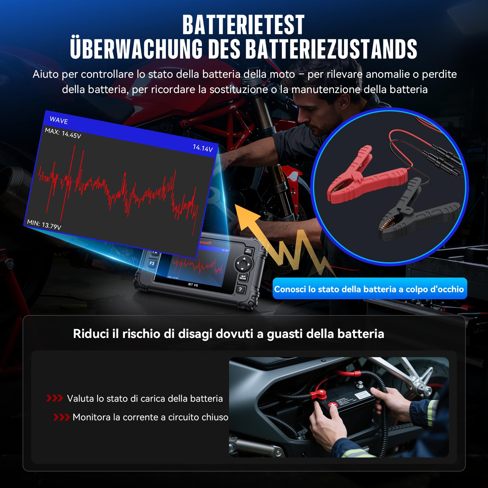 iCarsoft MT V6 - Diagnostico per moto Aprilia, diagnosi di sistema, 88 servizi di manutenzione, 123 test bidirezionali, lettura e cancellazione dei codici di errore, test della batteria