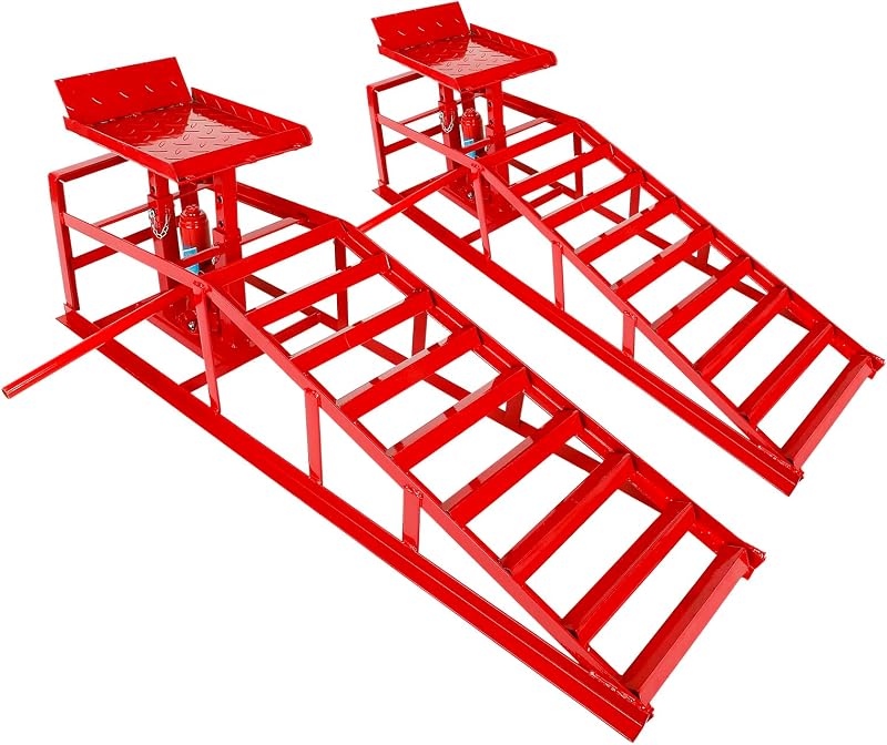 2 Pack Heavy Duty Steel Car Lift Ramp 5T Adjustable 9.8-15 Inch Height | Low Profile Car Lift Service Ramps Truck Trailer Garage 5T 11050lbs，Hydraulic Vehicle Ramp-Red
