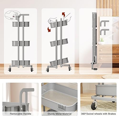Miniatura 5 de DTK Mini carrito plegable de 3 niveles, carrito utilitario de metal con ruedas bloqueables, carrito de almacenamiento plegable para sala de estar,
