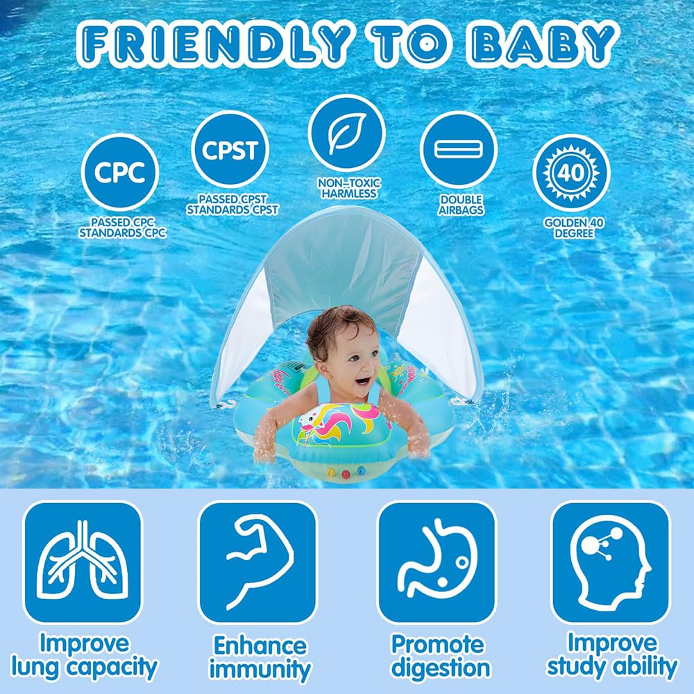 Baby Schwimmring mit abnehmbarem sonnendach,Schwimmhilfe verstellbare Schultergurte,Schwimmtrainer,mit aufblasbarer Swimming Float für ab 3-36 Monate.