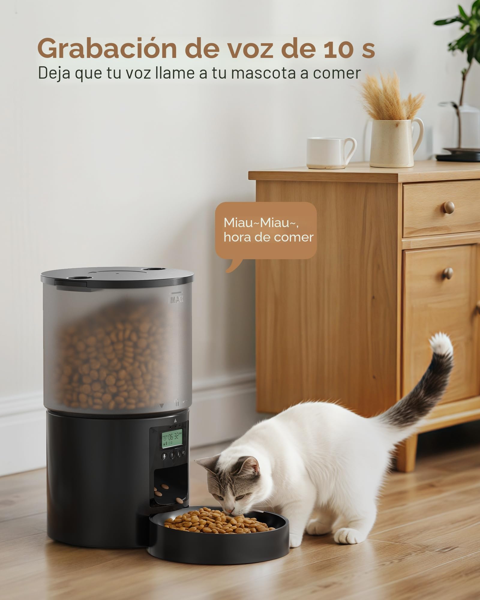 Comedero Gato Automatico Dispensador Comida: Pet Food Feeder con Temporizador Programable - 1-6 Comidas al DíA - Comedero con Presione la Tapa y Función de Grabación 10s - 4L Negro