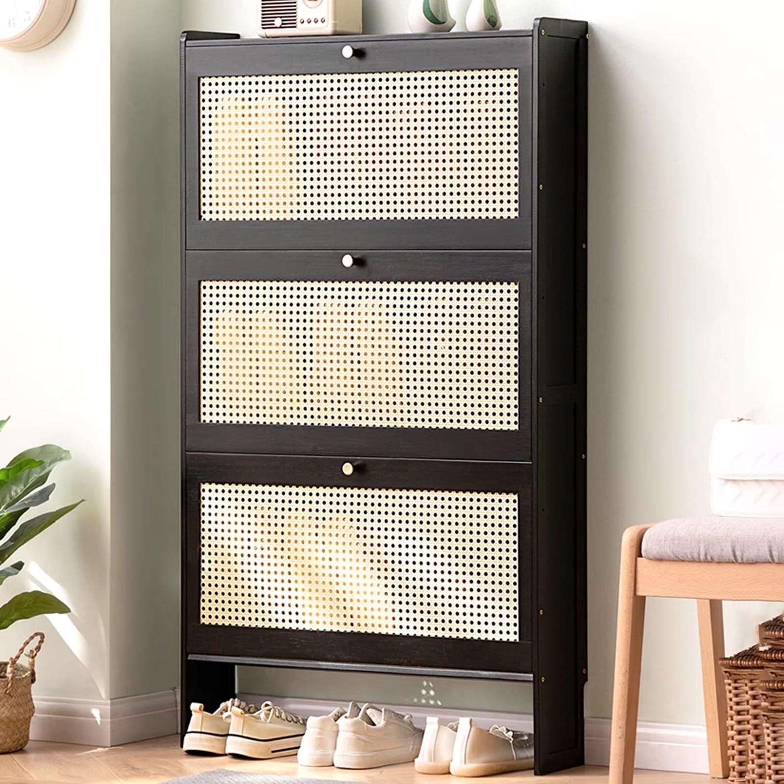 SVFOEBJM Shoe Storage Cabinet, Shoe Cabinet for Entryway Narrow, Plastic Rattan Shoe Cabinet, Freestanding Wooden Shoe Rack Storage Cabinet for Entryway Hallway Bedroom