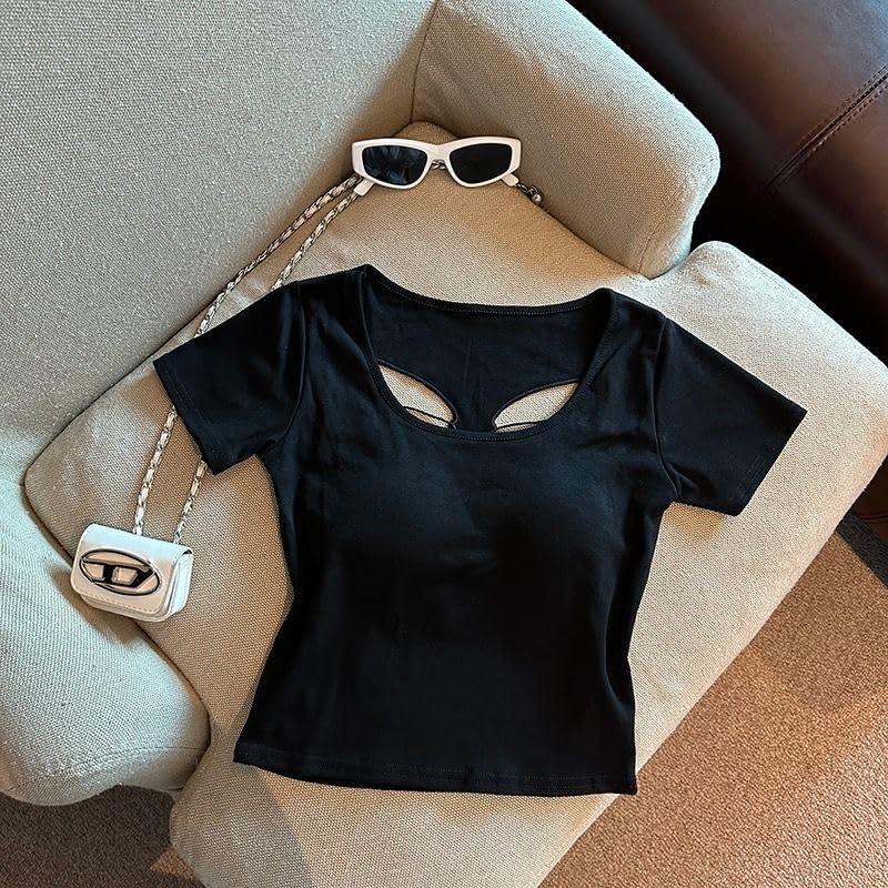 Image of ICW Women's Streetwear Round Neck Butterfly Cutout Back Short-Sleeve Padded Crop Top T-Shirt Dn249