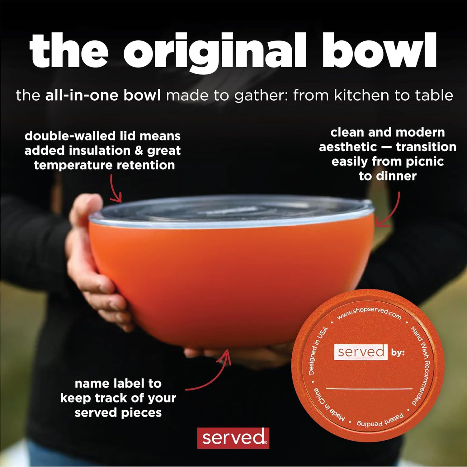 served Large Insulated Serving Bowl with Lid (100oz/3QT) - Double-Walled Stainless Steel Bowl for Hot & Cold Food - Vacuum Insulated, Spill-Resistant Thermal Bowl for Parties, Casseroles, Tailgates