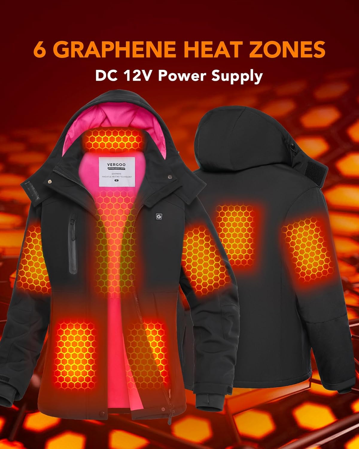 VERGOO Graphene Heated Waterproof Jackets for Women with Hood Included 18400mAh Battery Pack - Image 4
