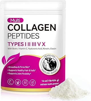 Multi Collagen Peptides Powder,Type I, II, III, V, X,with Biotin,Vitamin C,Hyaluronic Acid,Supports Healthy Joint, Hair, Skin & Nail Support,Grass-Fed, Non-GMO,16oz