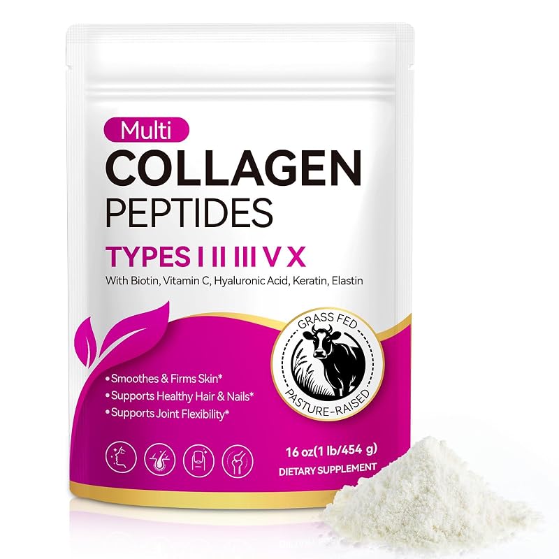 Maaoun Suplemento de colágeno hidrolisado em pó com tipos I, II, III, V e X, ácido hialurônico, biotina e vitamina C, 454 g