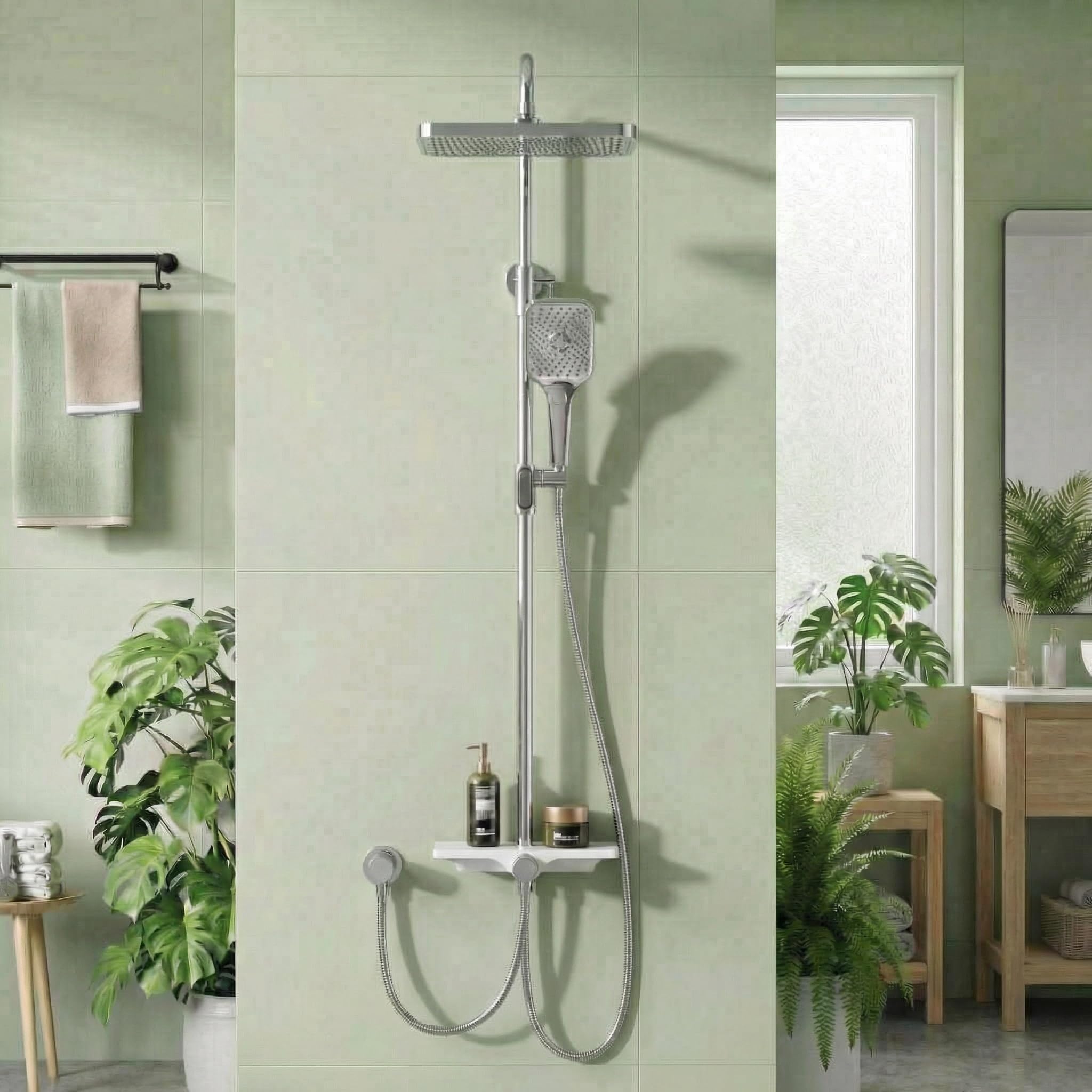 GarveeHome Kit de Barra Elevadora para Ducha con Estante, Cabezal Lluvia Cuadrado 300x195 mm, Ducha de Mano 3+1 Funciones y Manguera Antifugas – Acabado Cromado