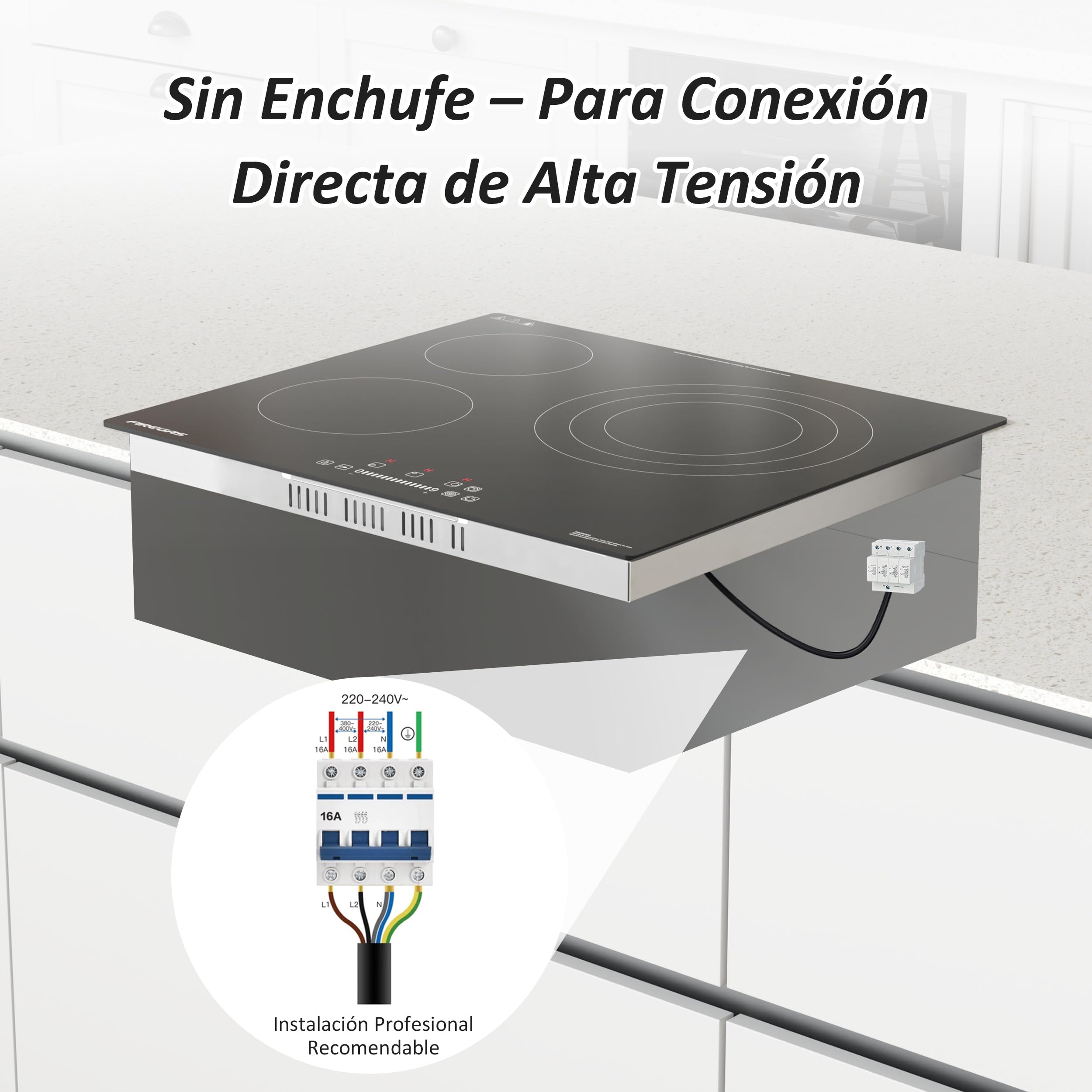 FIREGAS Placa Vitrocerámica Encastrable de 60 cm, 3 Fuegos, 5900 W, Control Táctil, 9 Niveles de Potencia, Temporizador y Bloqueo Infantil