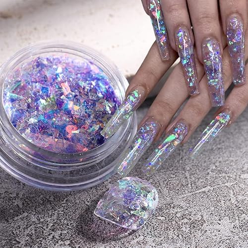 Holographic Mermaid Nail Sequins,6Jars Chunky Glitter Colorful Fluorescent Glass Paper Iridescent Flakes Sticker Nail Glitter For Makeup Nail Decoration Women Party Diy Accessories #TOP5