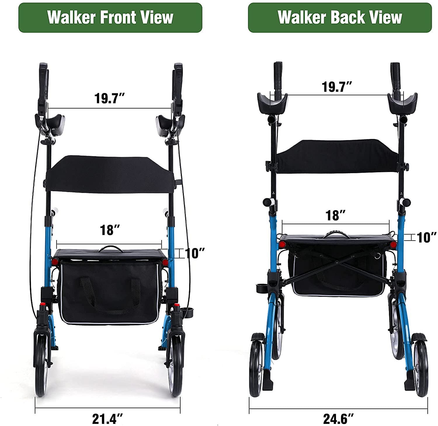 Healconnex Upright Rollator Walkers for Seniors- Stand up Rolling Walker with Seats and 10" Wheels, Padded Armrest and Backrest,Tall Rolling Mobility Aid with Basket, Foam Handle to Stand up Blue