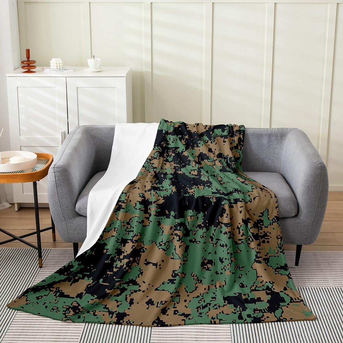 Erosebridal Camoflage Blanket Queen 90x90 Kids Camo Tree Flannel Blanket for Bed Sofa Crib Military Style Bedroom Decor Woodland Natural Branches Army Green Room Decor Fuzzy Plush Throw
