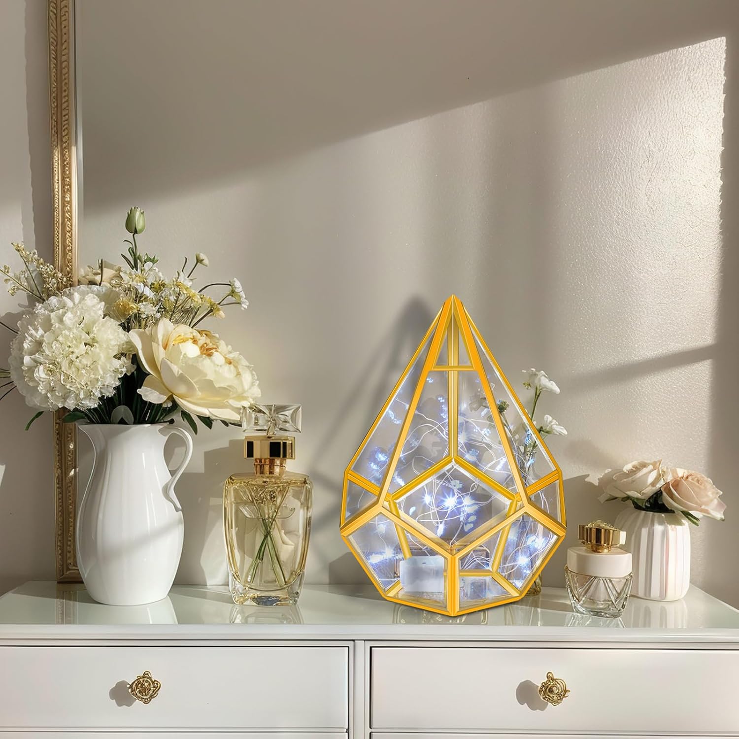 4 Set Gold Geometric Wedding Centerpieces for Table Modern Metal Gold Lanterns Glass Centerpiece with Fairy Lights for Home Wedding Table Decorations