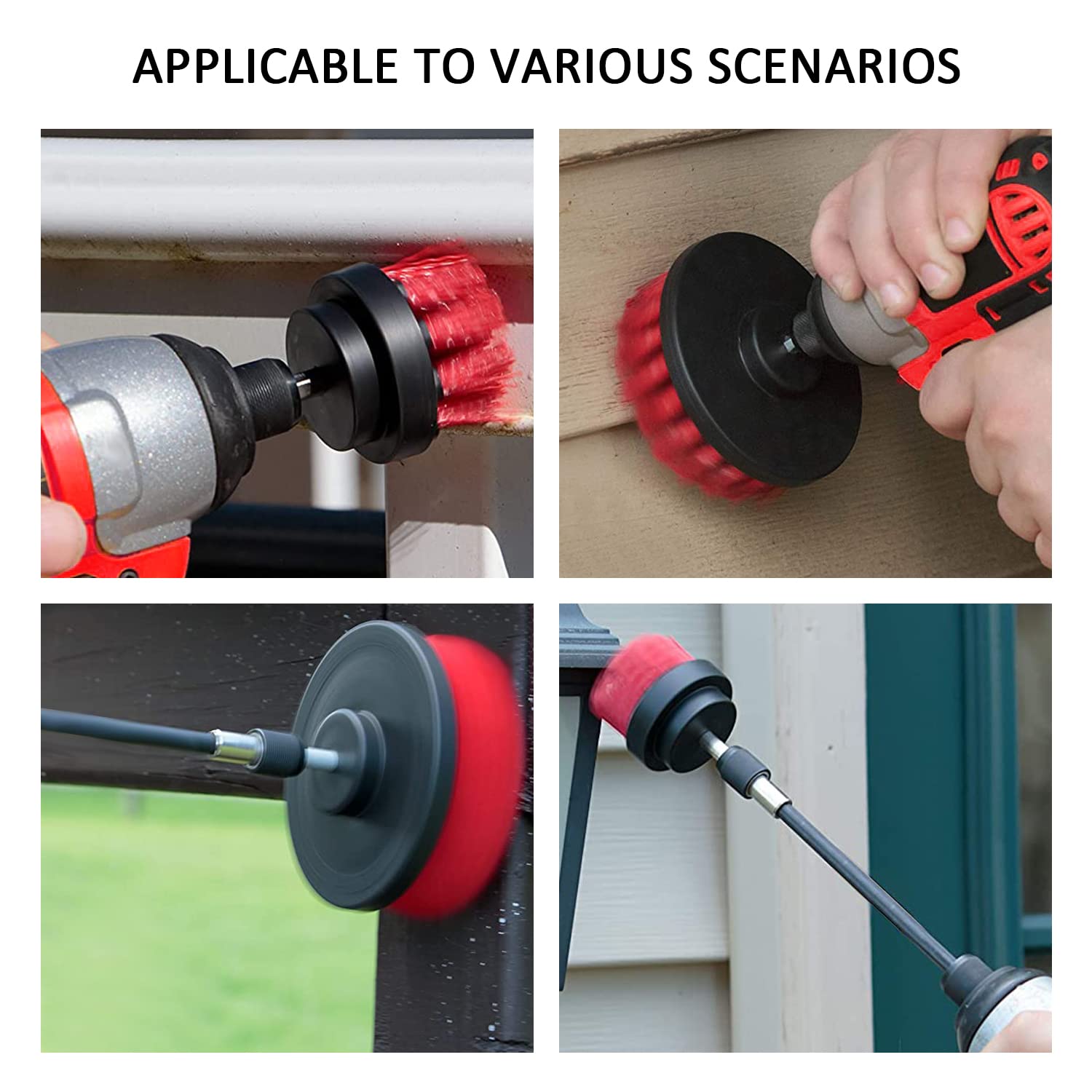 YIHATA 4 Pack Drill Brush Attachments Set, Multi-Purpose Power Scrubber Cleaning Brush Extended Long Attachment Kit,for Grout, Floor,Tub,Shower,Tile,Bathroom and Kitchen (Red)