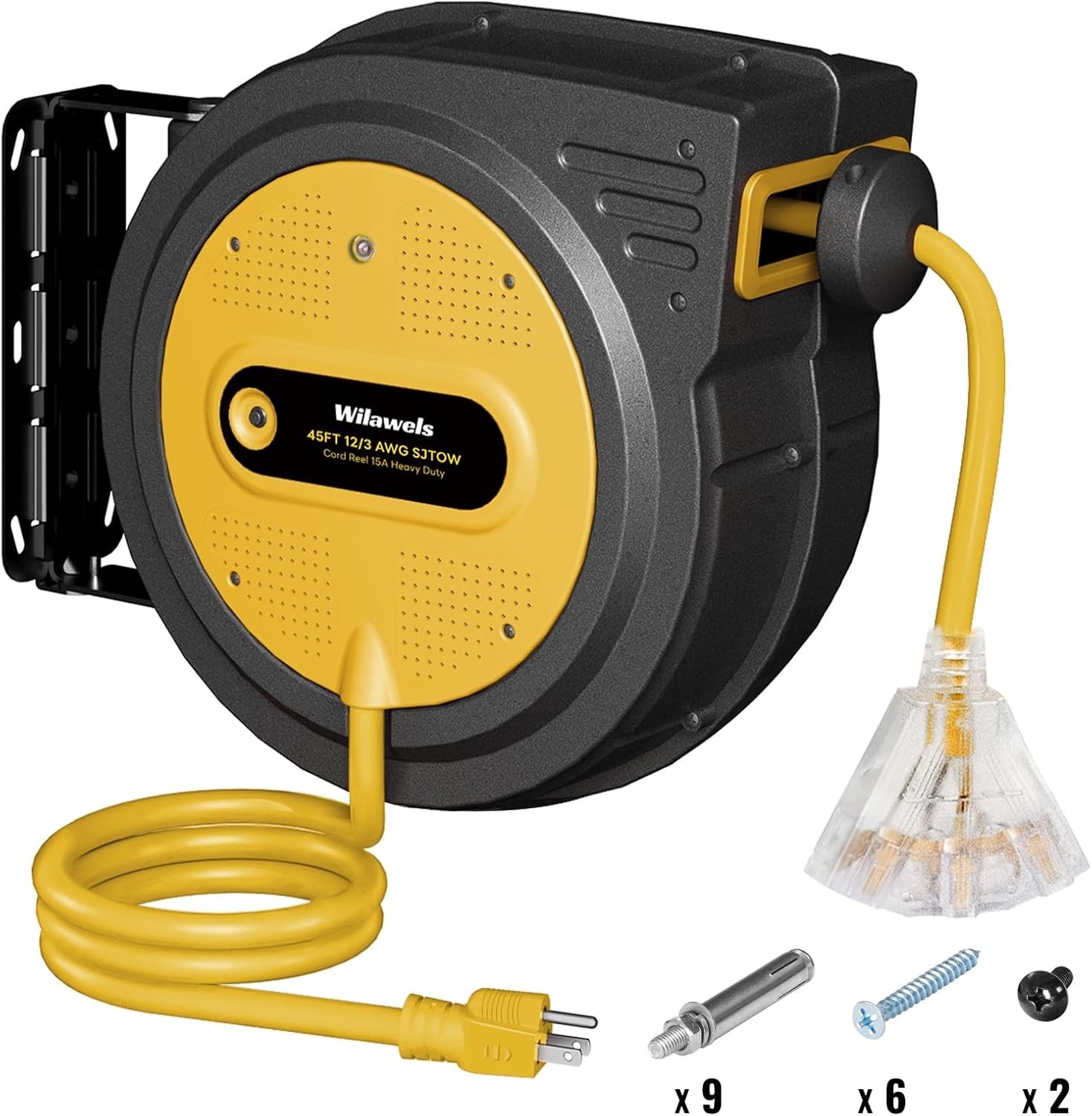 45 FT Retractable Extension Cord Reel, Heavy Duty Power Cord, 12AWG/3C SJTOW, 3 Grounded Outlets Lighted Triple Tap, Ceiling/Wall Mount,15 Amp Circuit Breaker, ETL Listed, Yellow Y45ACR06