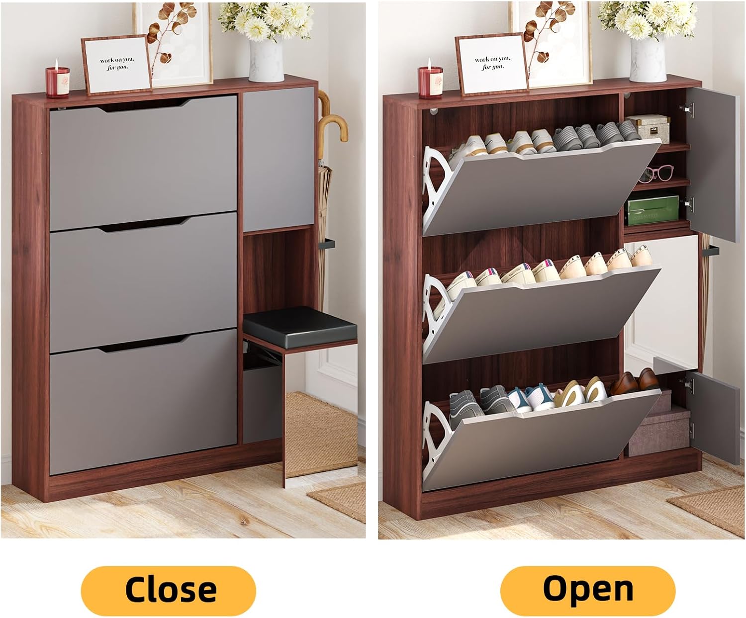JOMEED Shoe Cabinet with 3 Flip Drawers, Narrow Shoe Cabinet with Doors and Bench, Shoe Storage Cabinet for entryway, Shoe Organizer Cabinet with Mirror, Walnut