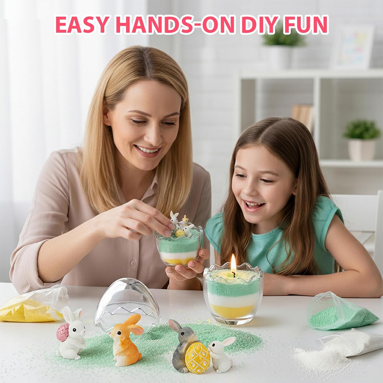 BRELANO Easter Craft Kit for Kids & Adults – DIY Sand Candle Making Kit with Bunny & Egg Decor, Colored Pearled Candle Sand, Cotton Wicks & Egg-Shaped Glass Jar, Easter Gift Set & Spring Home Decor