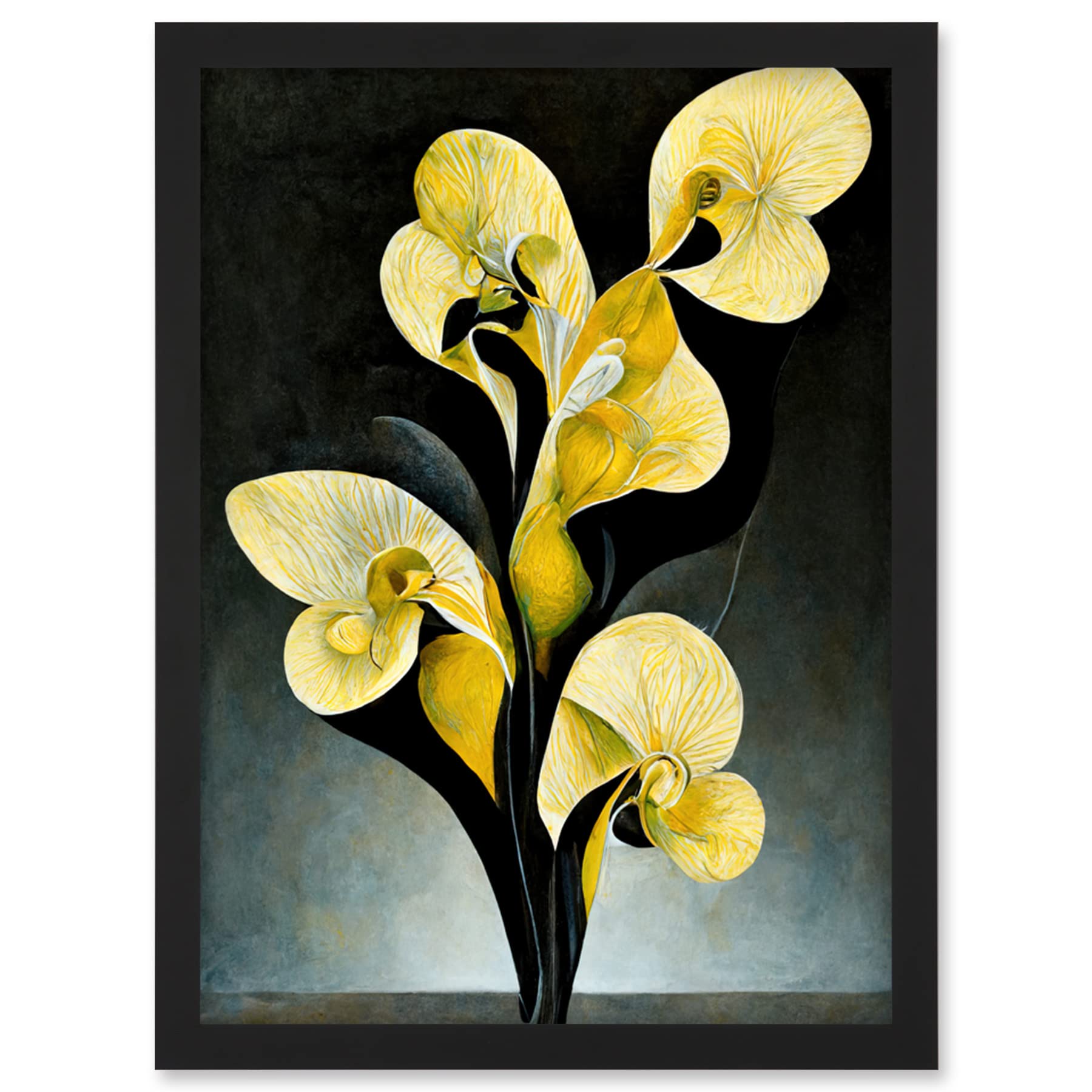 Artery8 Framed Wall Art Print A4 - Modern Abstract Black Yellow Orchid Flower Artwork