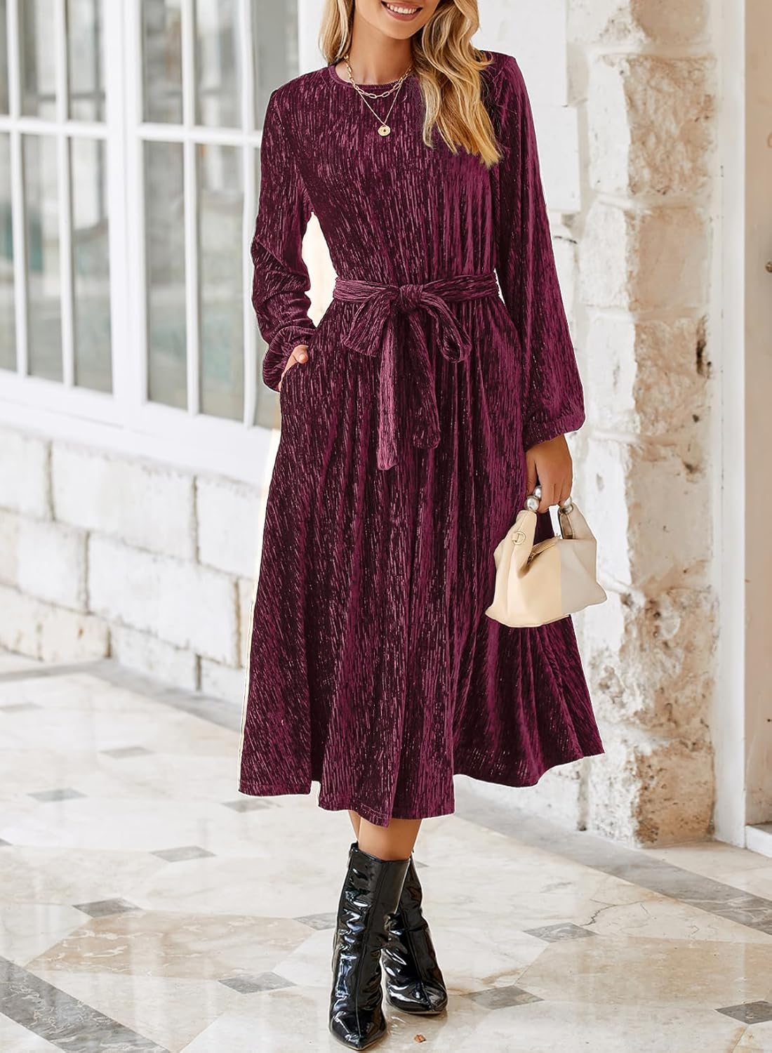 Happy Sailed Women's Velvet Dress Fashion Fall Winter Long Sleeve High Waist A-Line Semi Formal Wedding Guest Dresses - Image 2