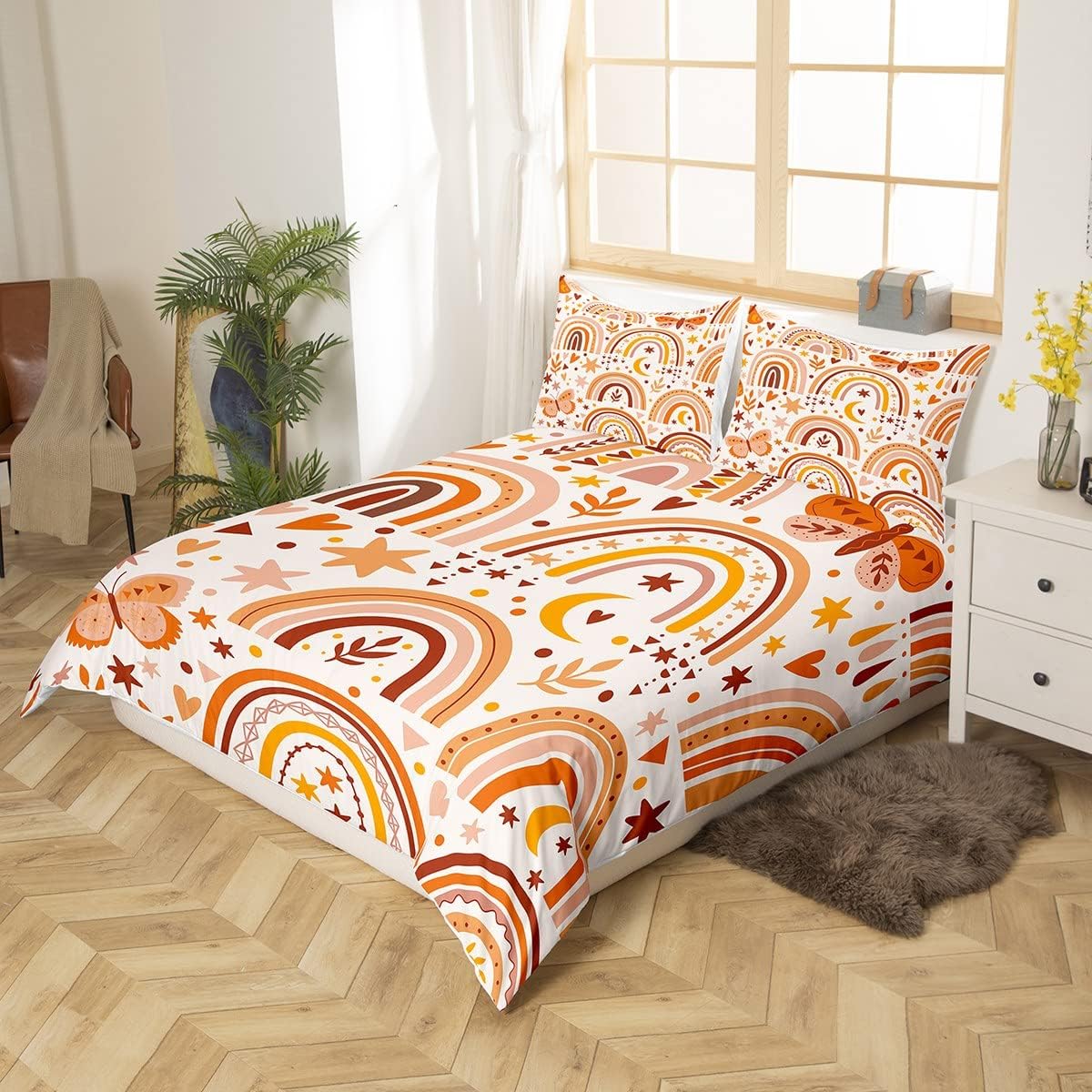 Girls Rainbow And Butterfly Bedding Sets Twin Size Kids Boho Stars Moon Comforter Cover Bohemian Botanical Leaf Duvet Cover Pastel Brown Color Love Hearts Bed Set 1 Pillow Case(No Comforter)