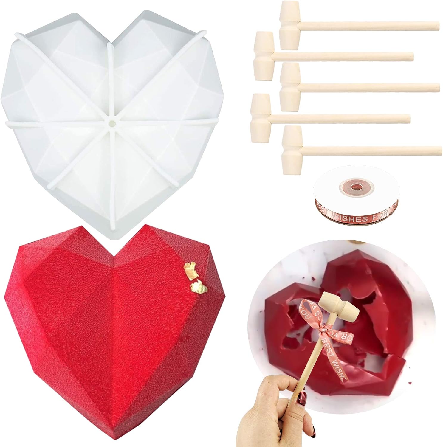 Juome Breakable Heart Silicone Mold, Silicone Heart Mold Set for Chocolate with Wooden Hammers, Diamond Heart Shaped Mold for Valentines Day