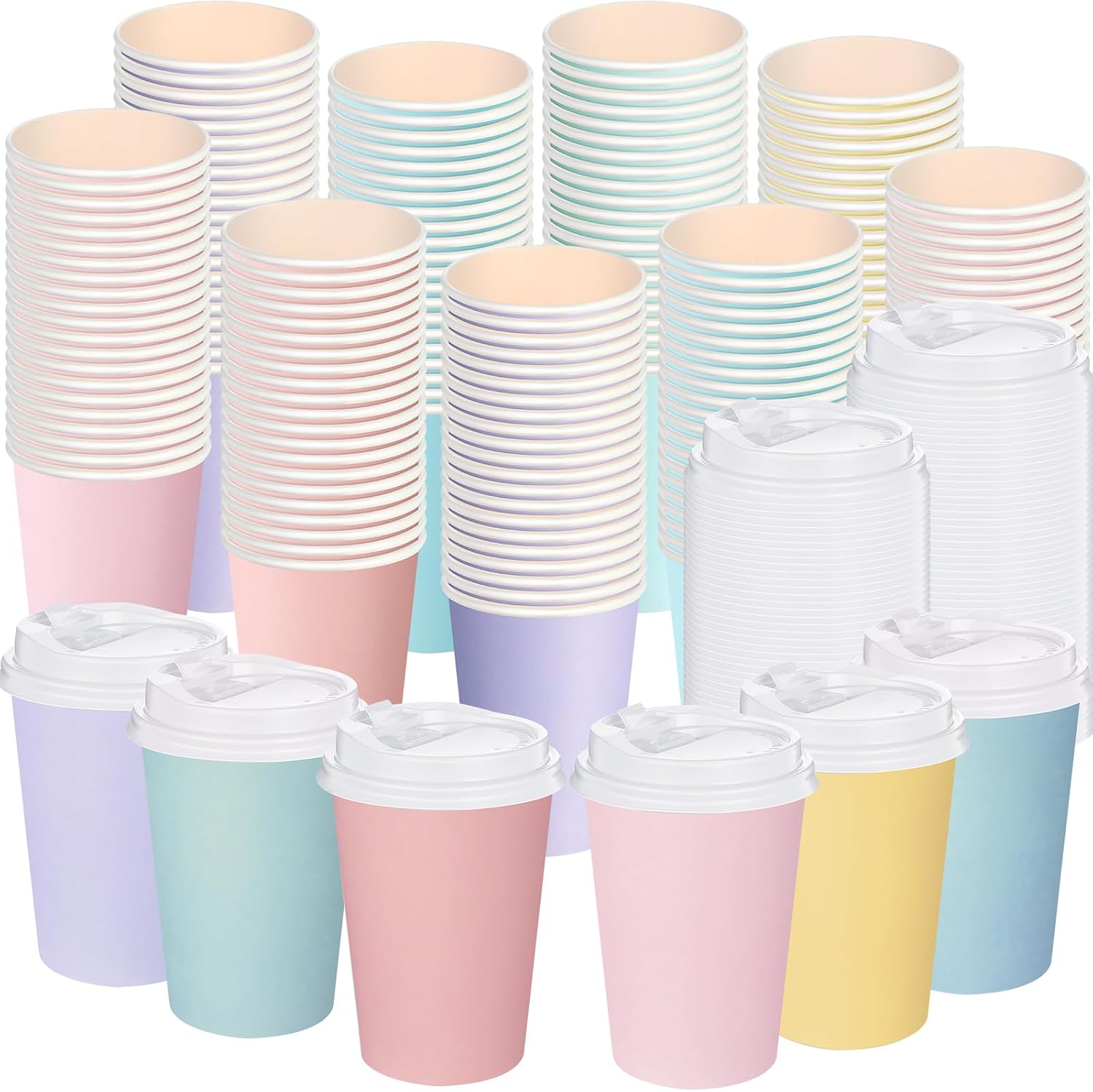 Jingmore 60 Pcs Pastel Disposable Coffee Cups with Lids 12 oz Pastel Rainbow Color Paper Drinking Mug for Summer Beverage Chocolate Tea Holiday Table Decorations Party Supplies